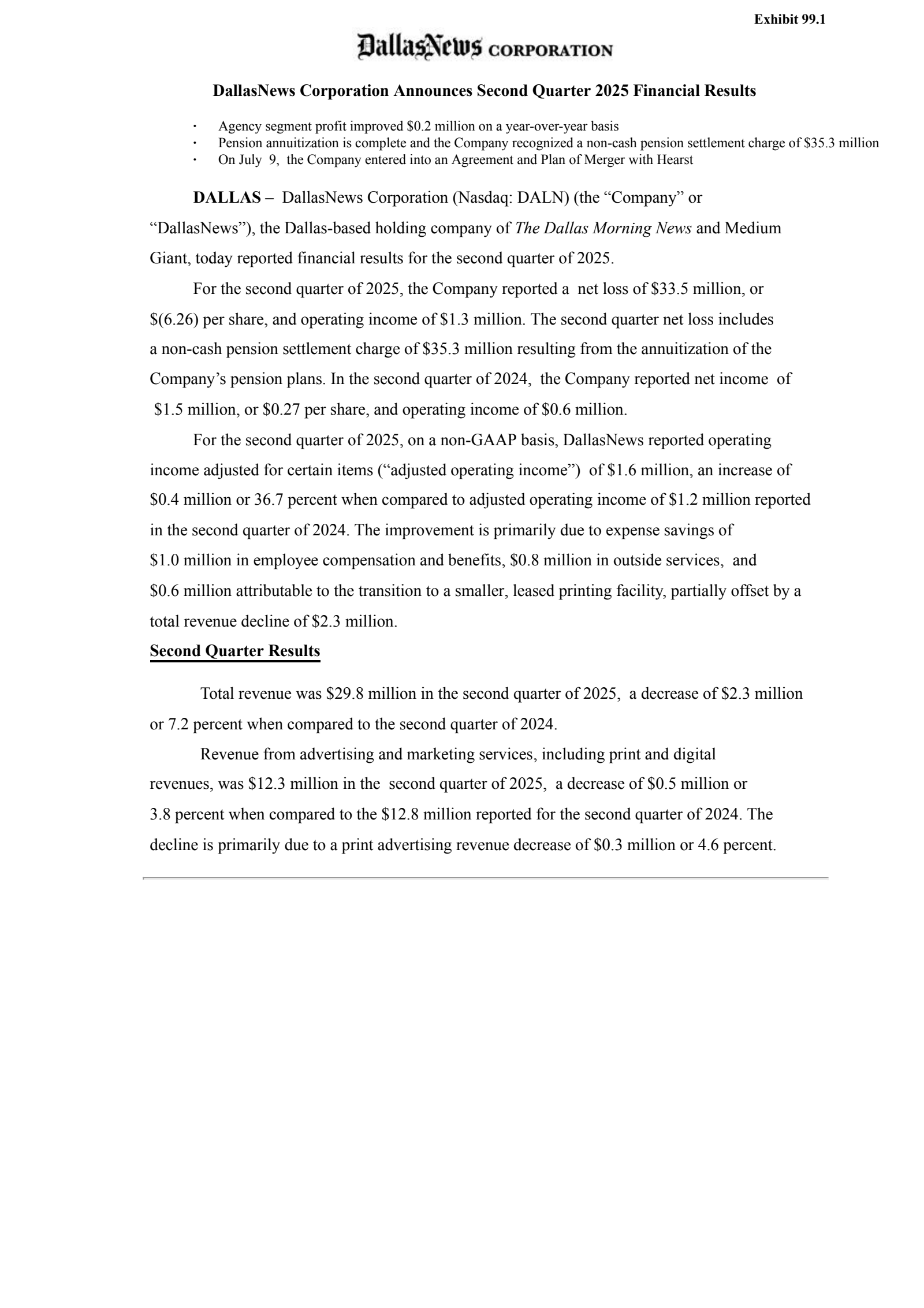 DallasNews' Q2 2025 Press Release