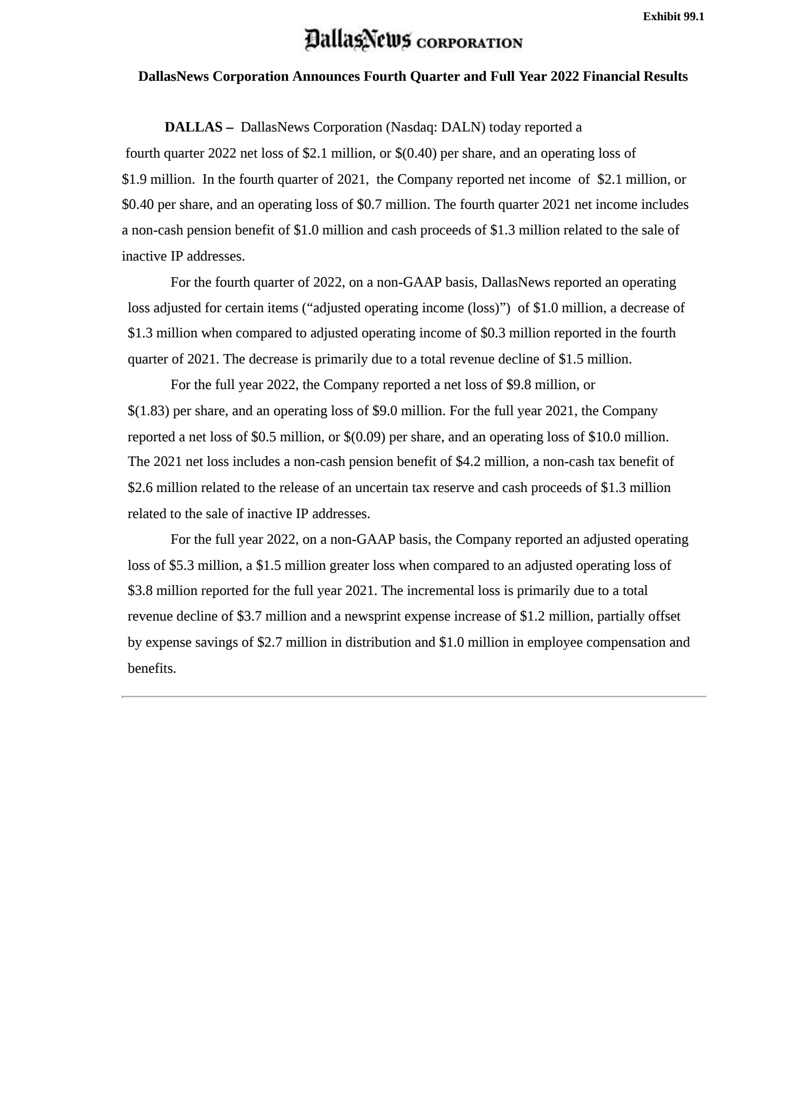 DallasNews' Q4 2022 Press Release
