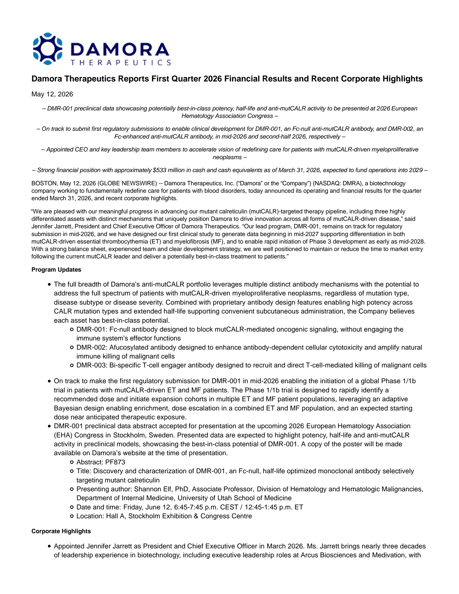 Damora Therapeutics, Inc. Common Stock's Q1 2026 Press Release