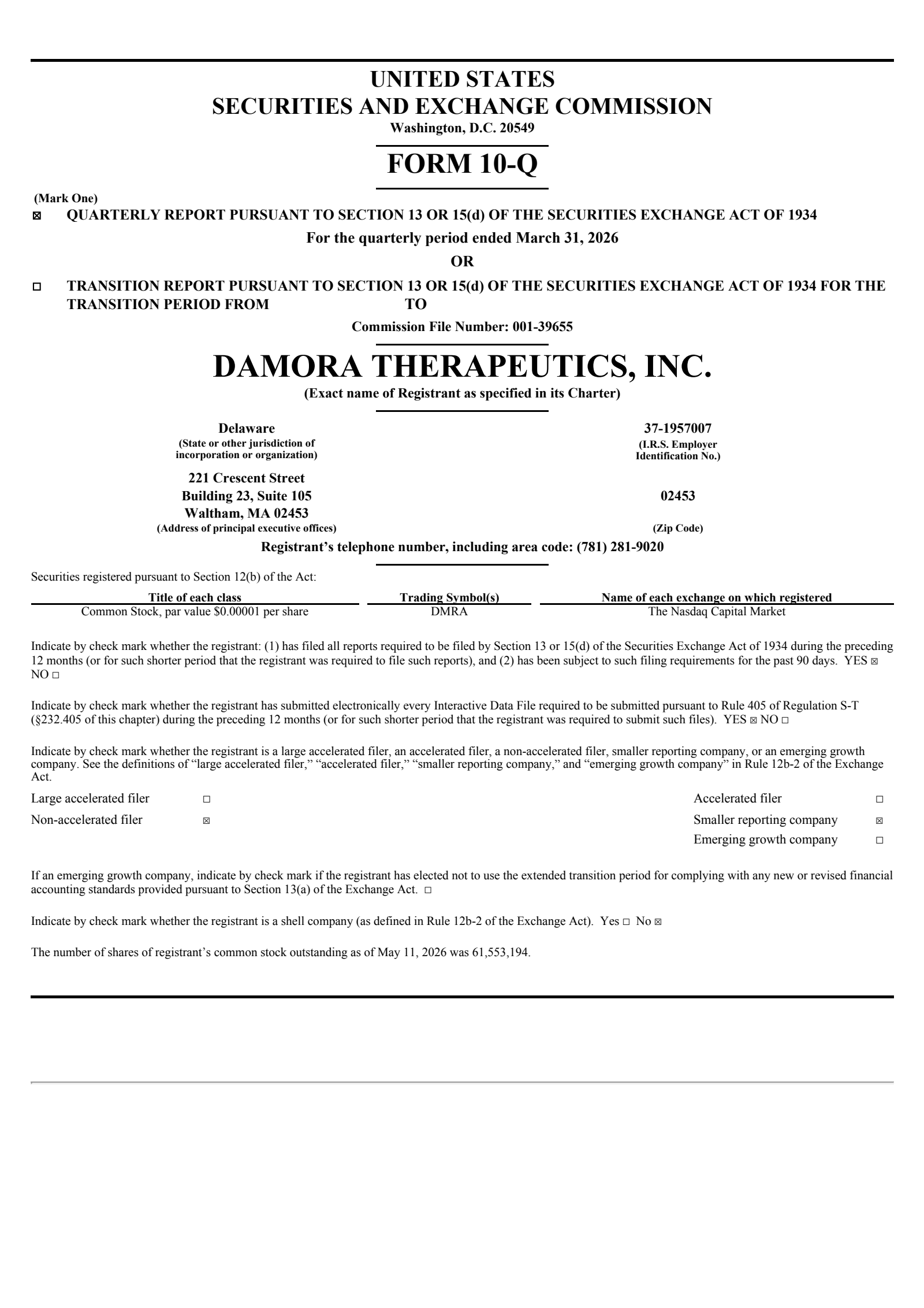 Damora Therapeutics, Inc. Common Stock's Q1 2026 Quarterly report