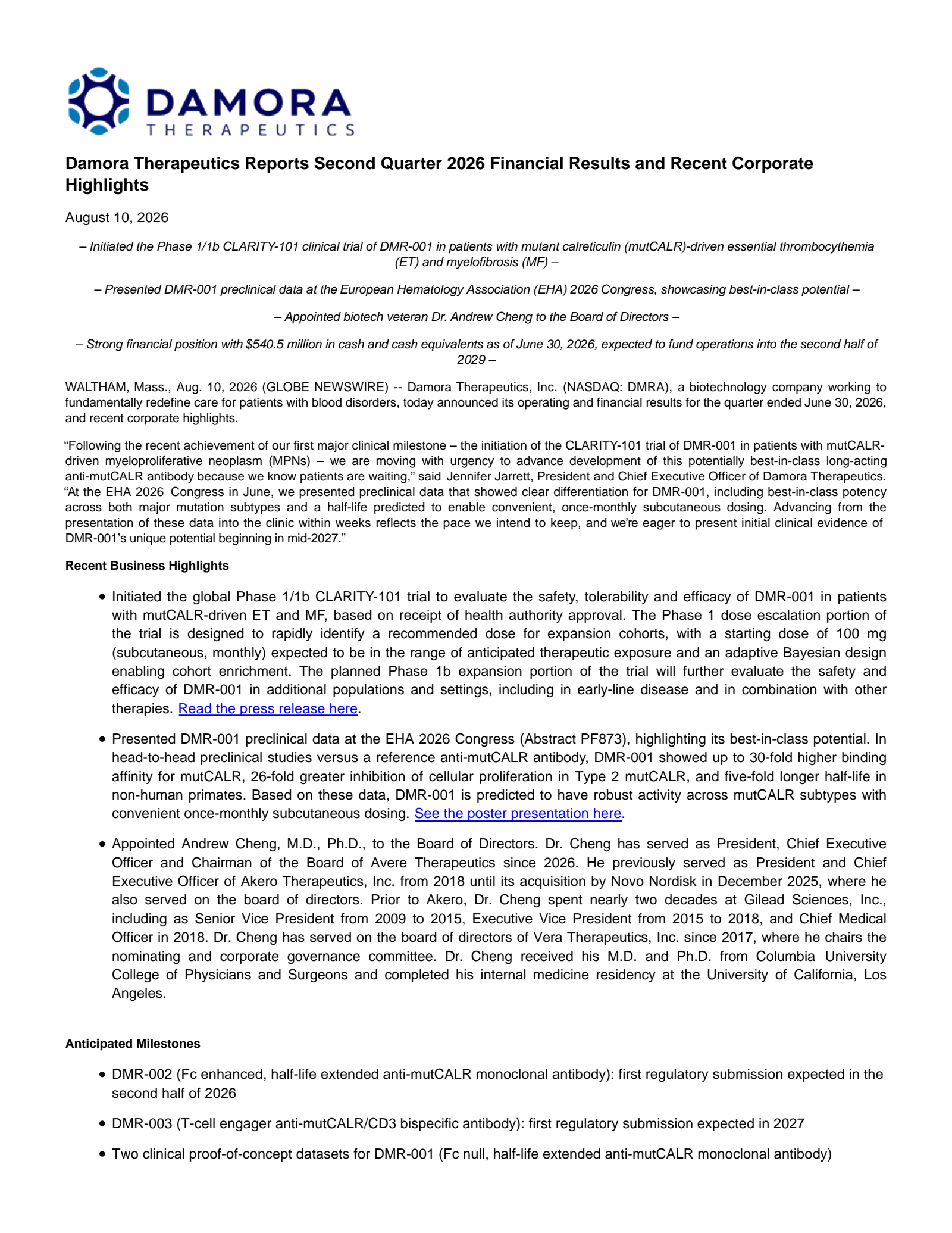 Damora Therapeutics, Inc. Common Stock's Q2 2026 Press Release