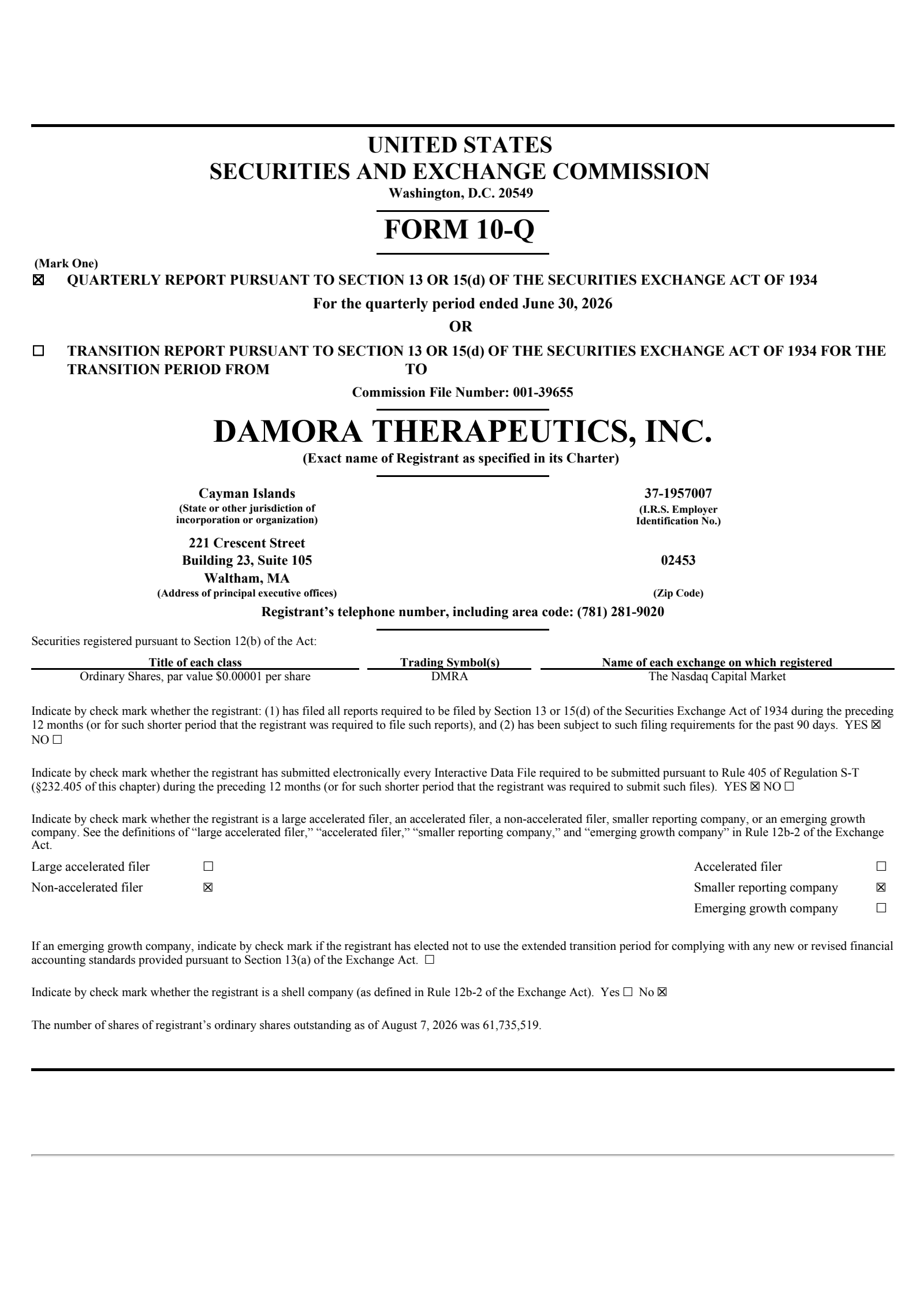 Damora Therapeutics, Inc. Common Stock's Q2 2026 Quarterly report