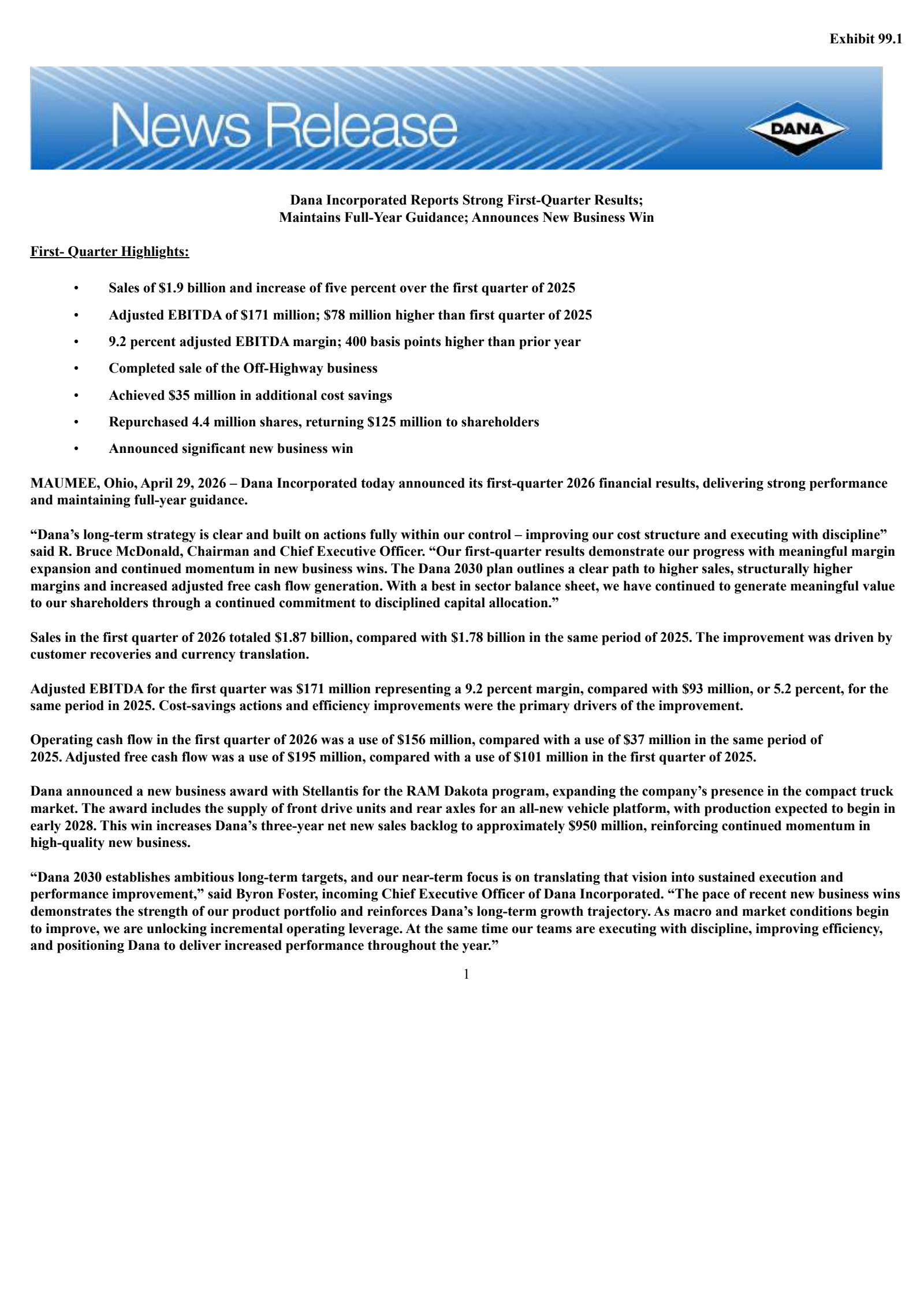 Dana's Q1 2026 Press Release