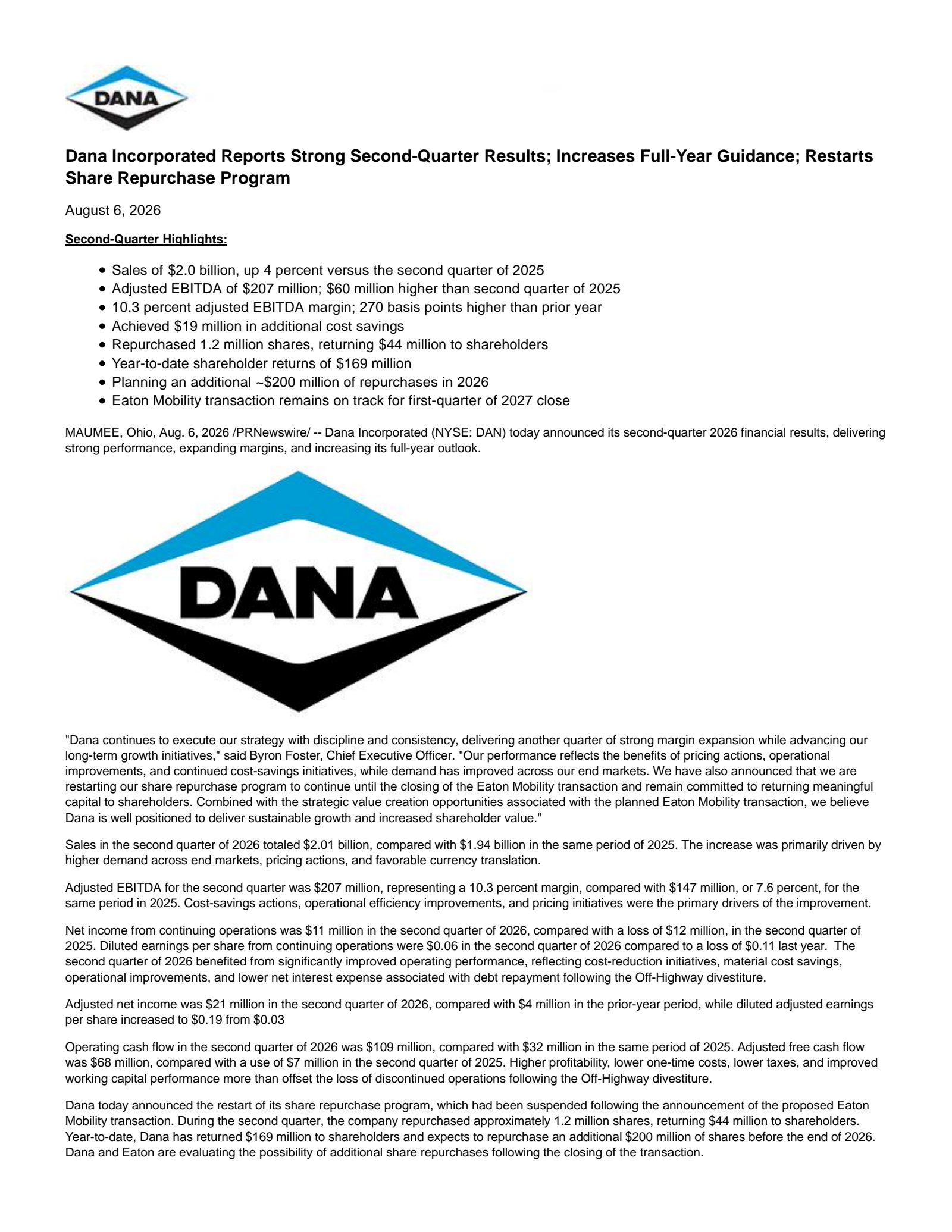 Dana's Q2 2026 Press Release