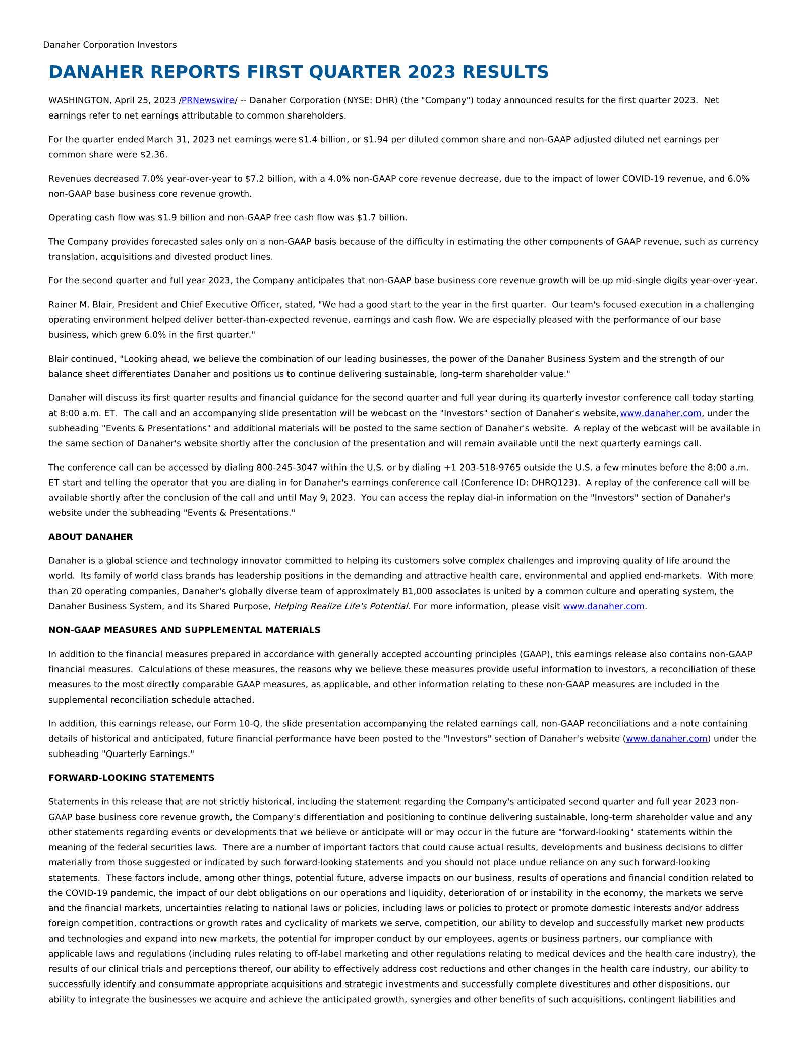 Danaher's Q1 2023 Press Release