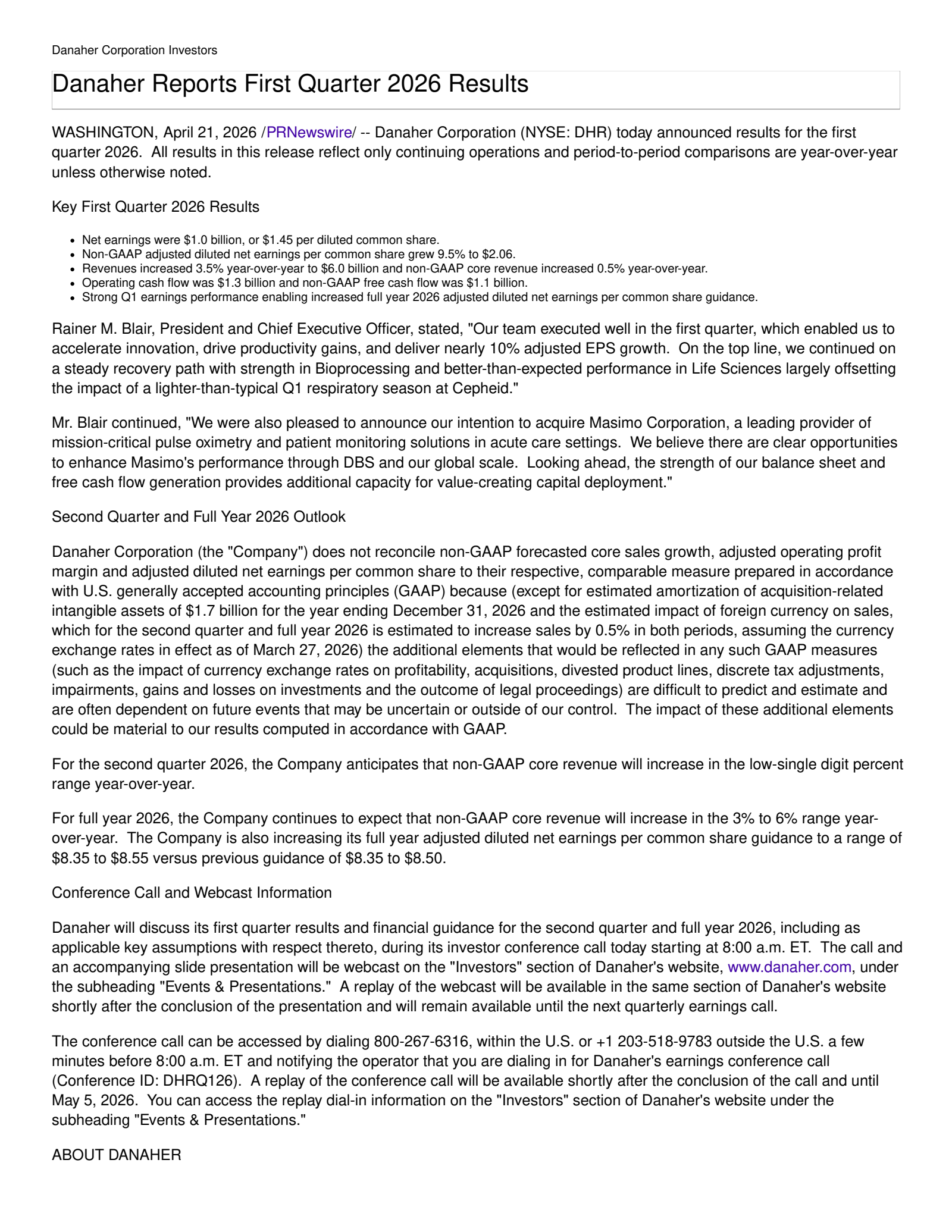 Danaher's Q1 2026 Press Release