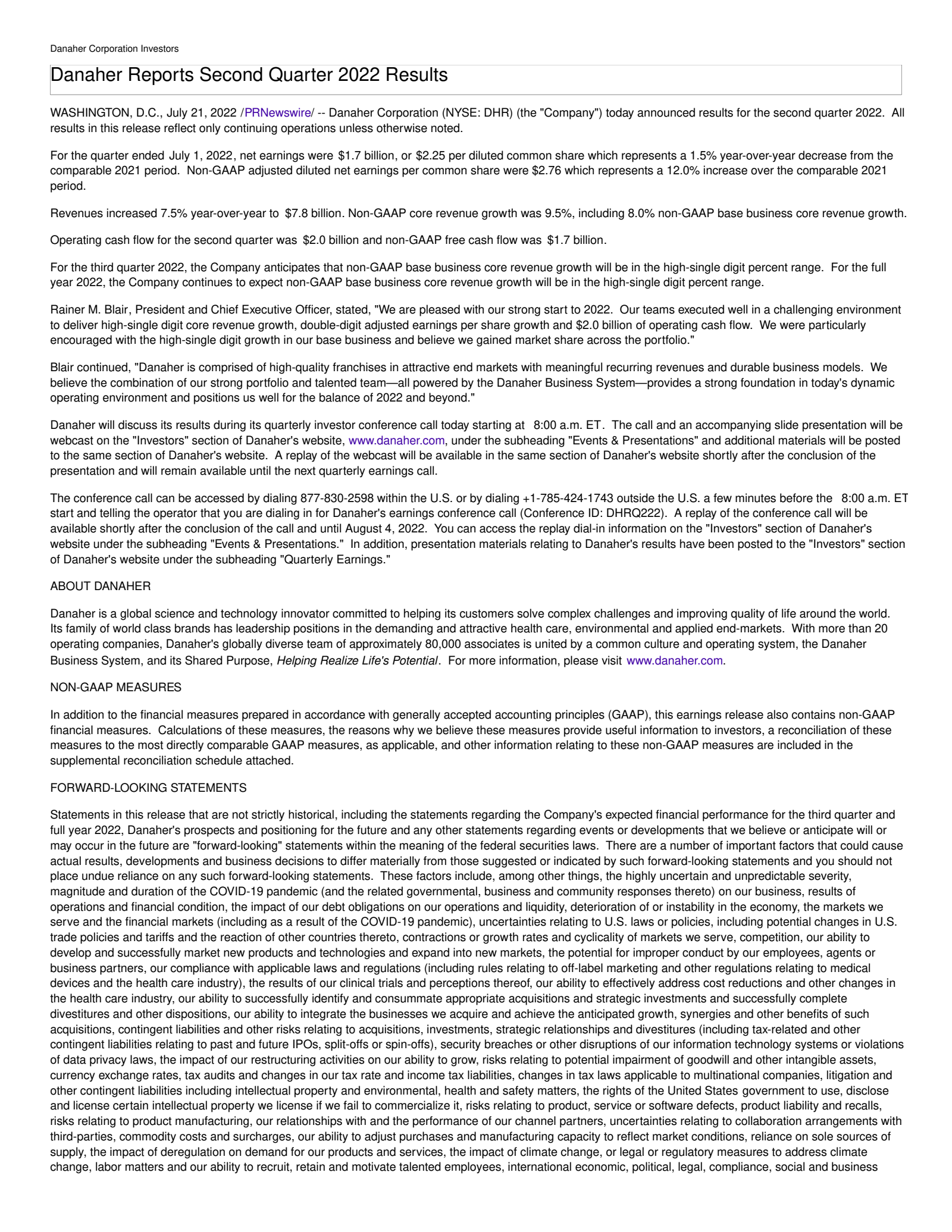 Danaher's Q2 2022 Press Release