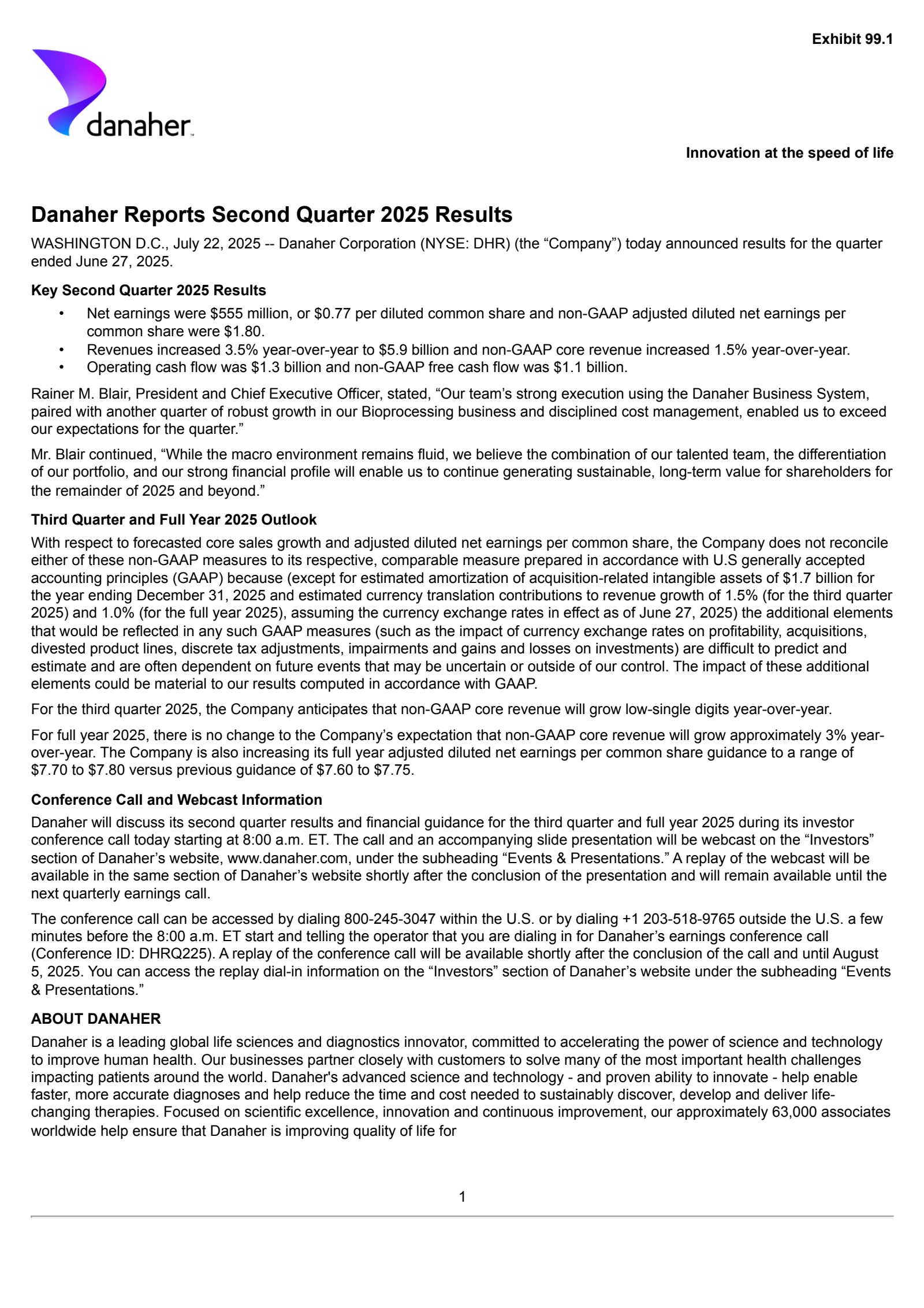 Danaher's Q2 2025 Press Release