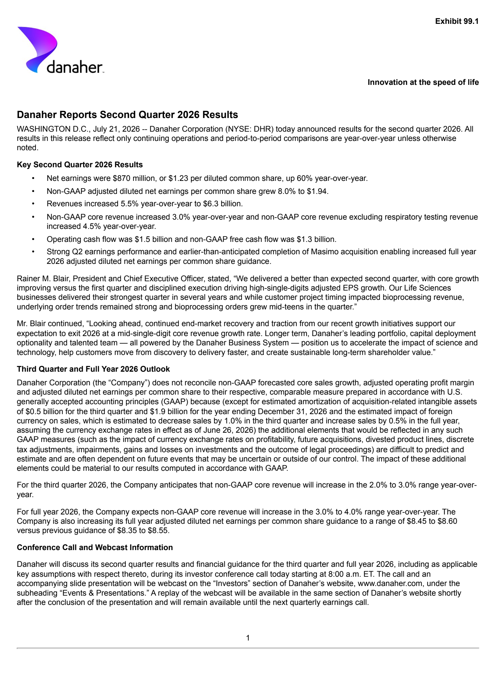 Danaher's Q2 2026 Press Release