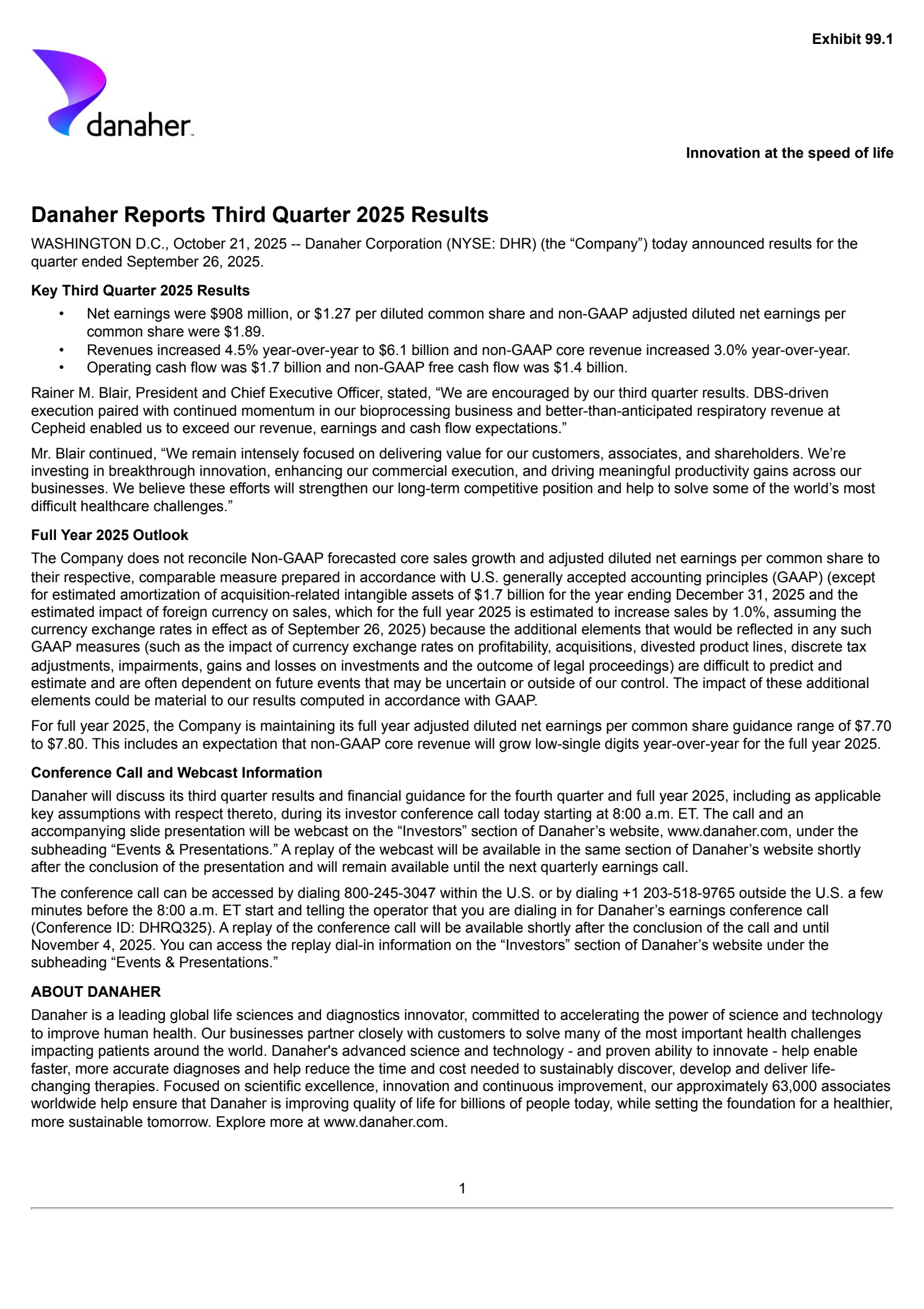 Danaher's Q3 2025 Earnings Release