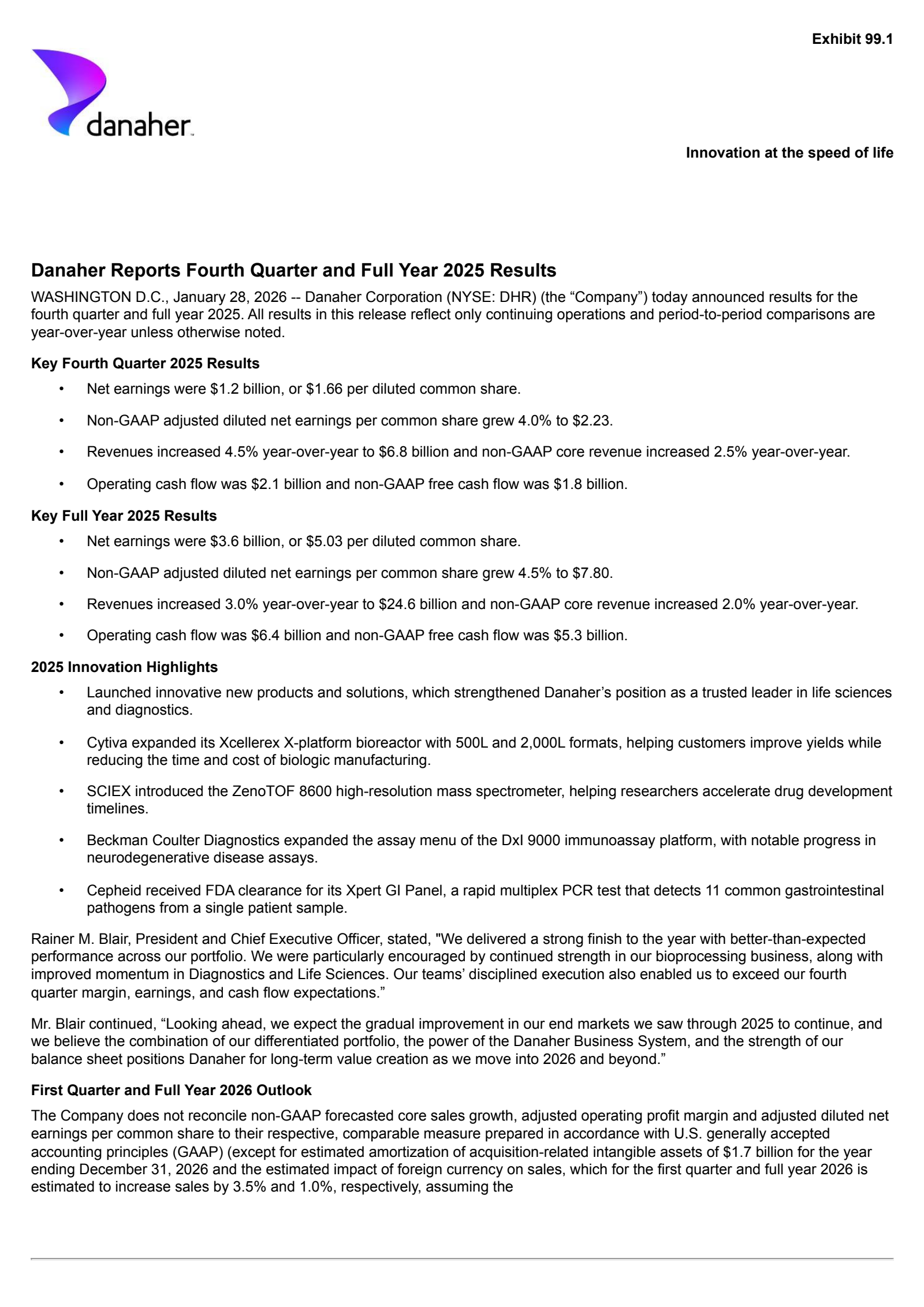 Danaher's Q4 2025 Press Release
