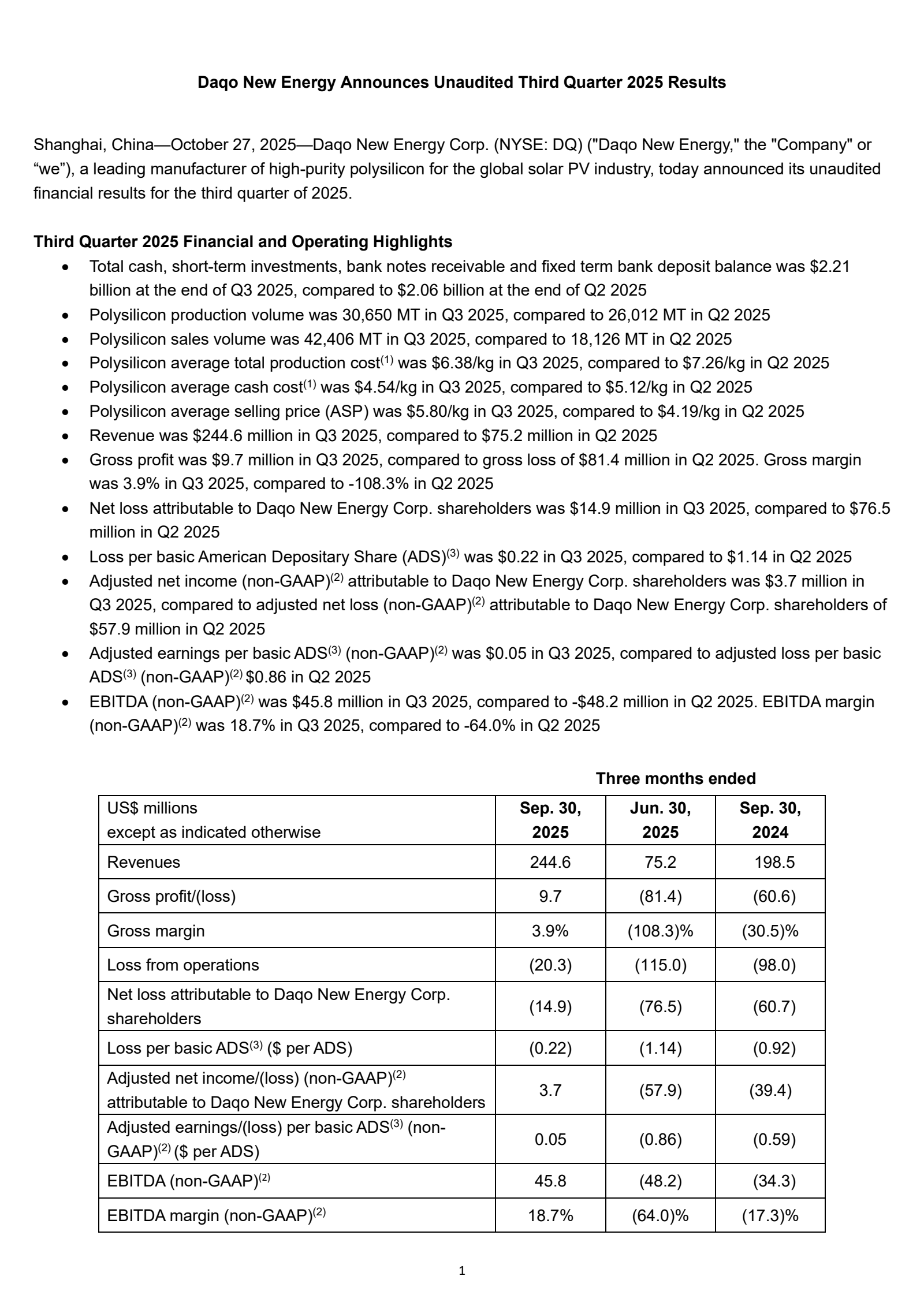 DAQO New Energy's Q3 2025 Earnings Release