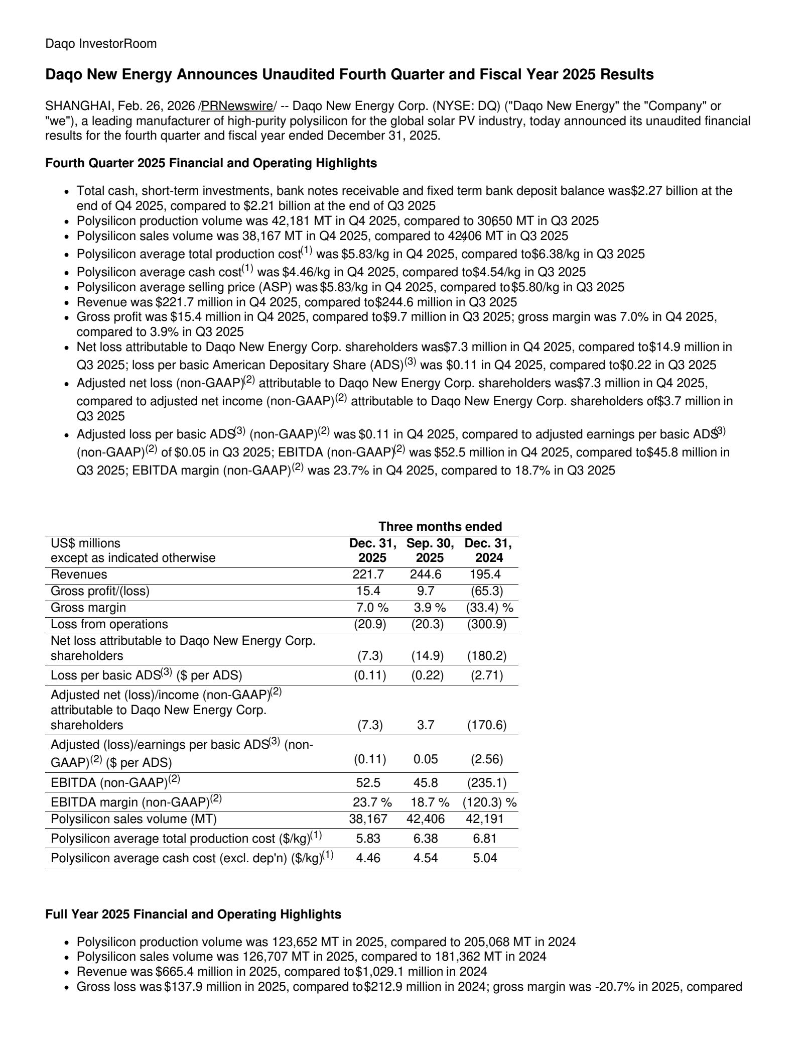 DAQO New Energy's Q4 2025 Press Release