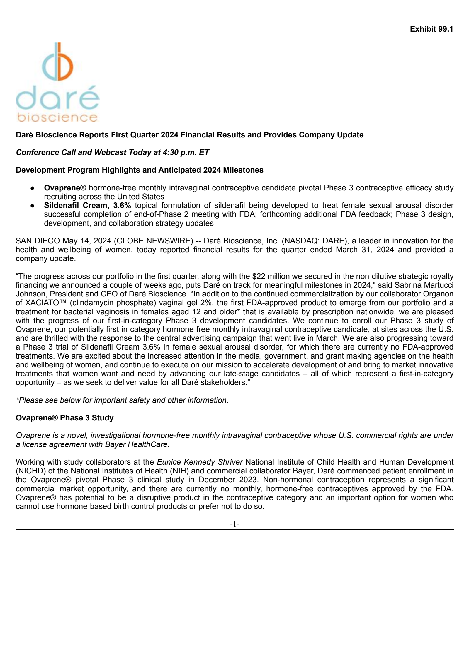 Daré Bioscience's Q1 2024 Press Release