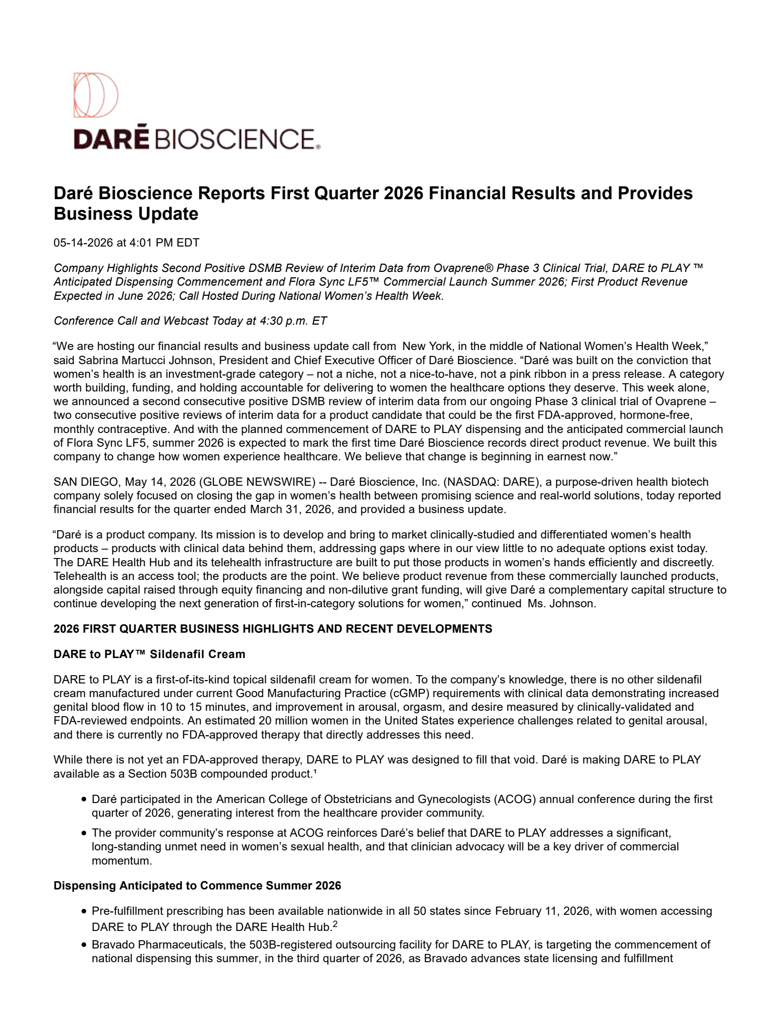 Dare Bioscience's Q1 2026 Press Release