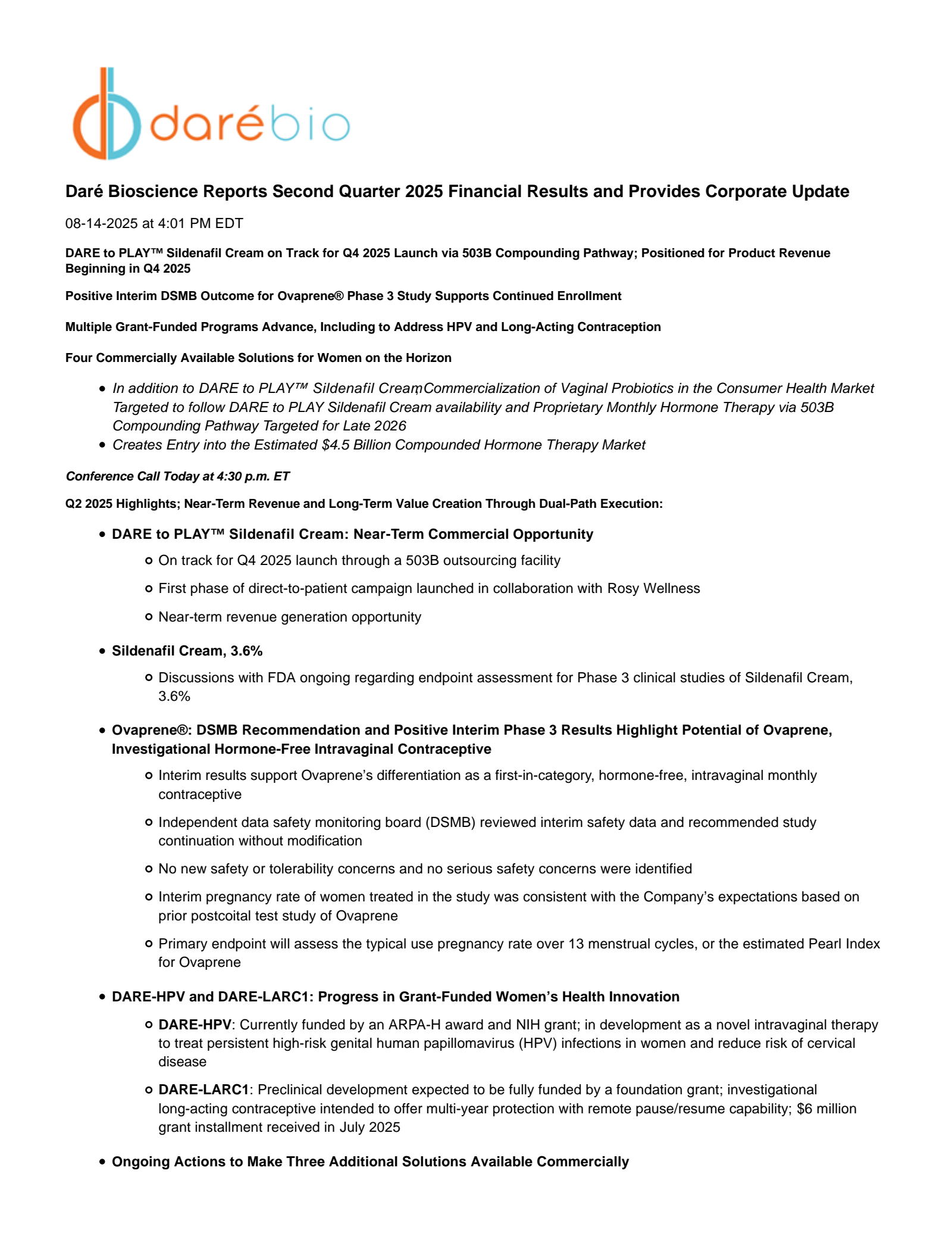 Dare Bioscience's Q2 2025 Press Release