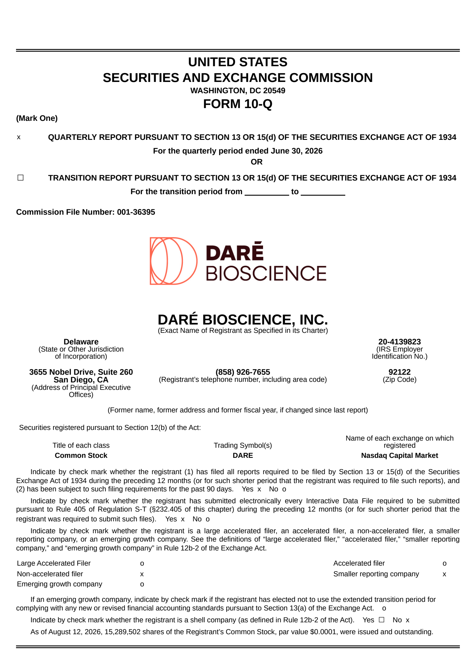 Dare Bioscience's Q2 2026 Quarterly report