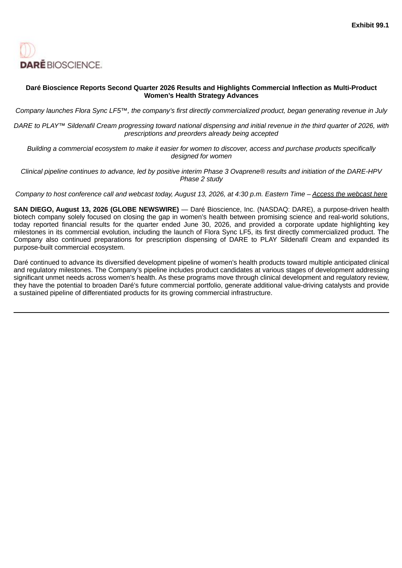 Dare Bioscience's Q2 2026 Press Release