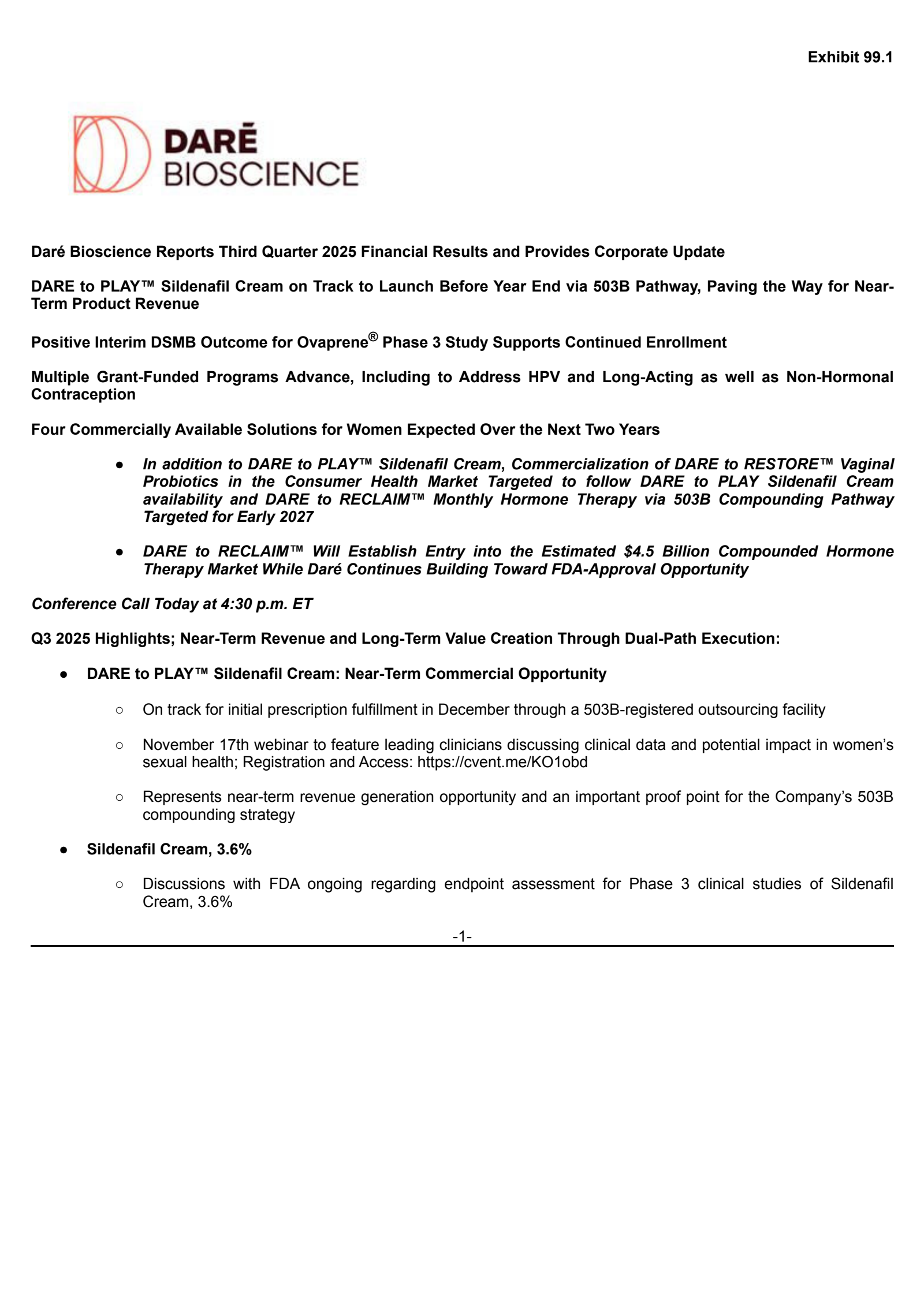 Dare Bioscience's Q3 2025 Earnings Release