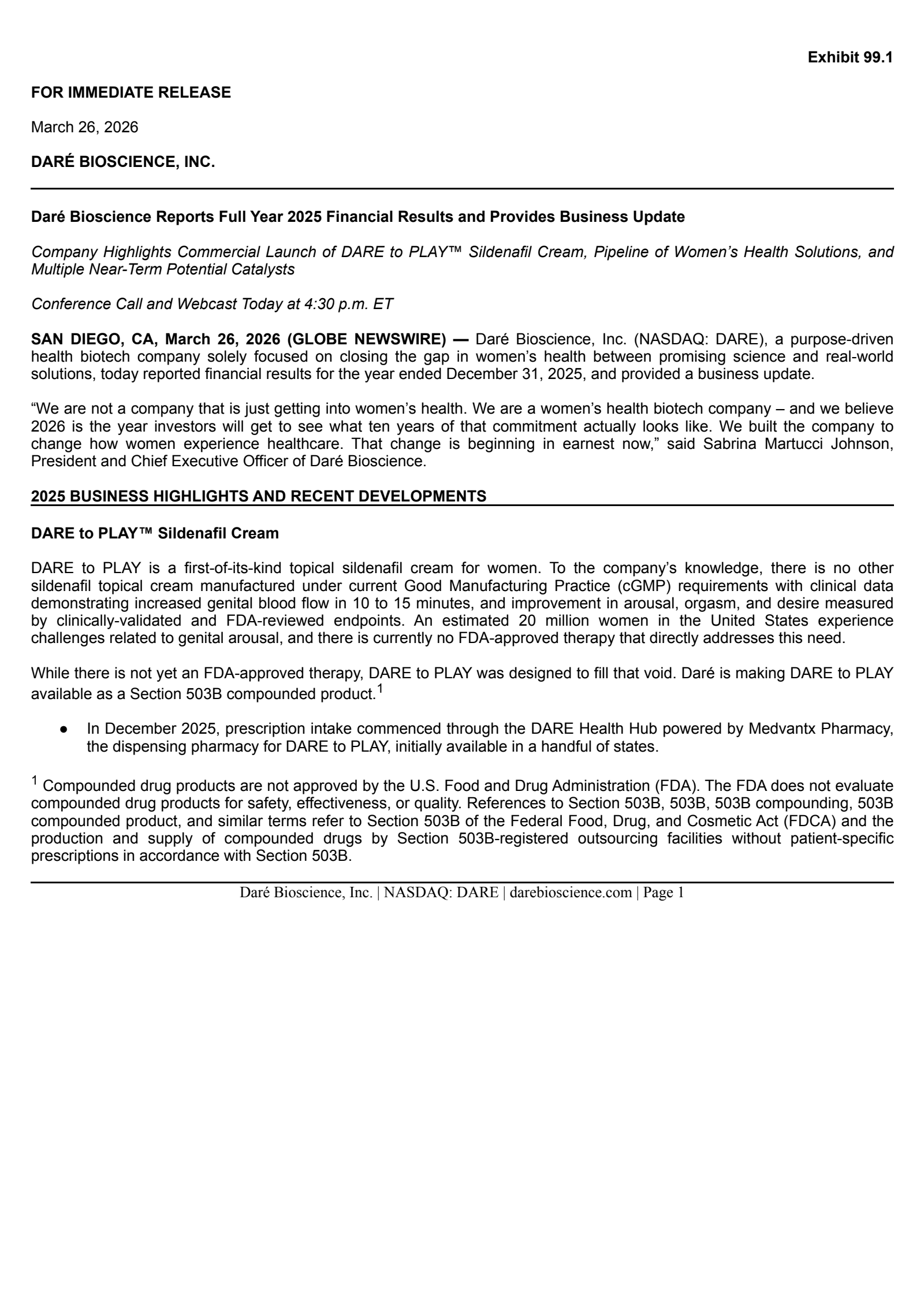 Dare Bioscience's Q4 2025 Press Release