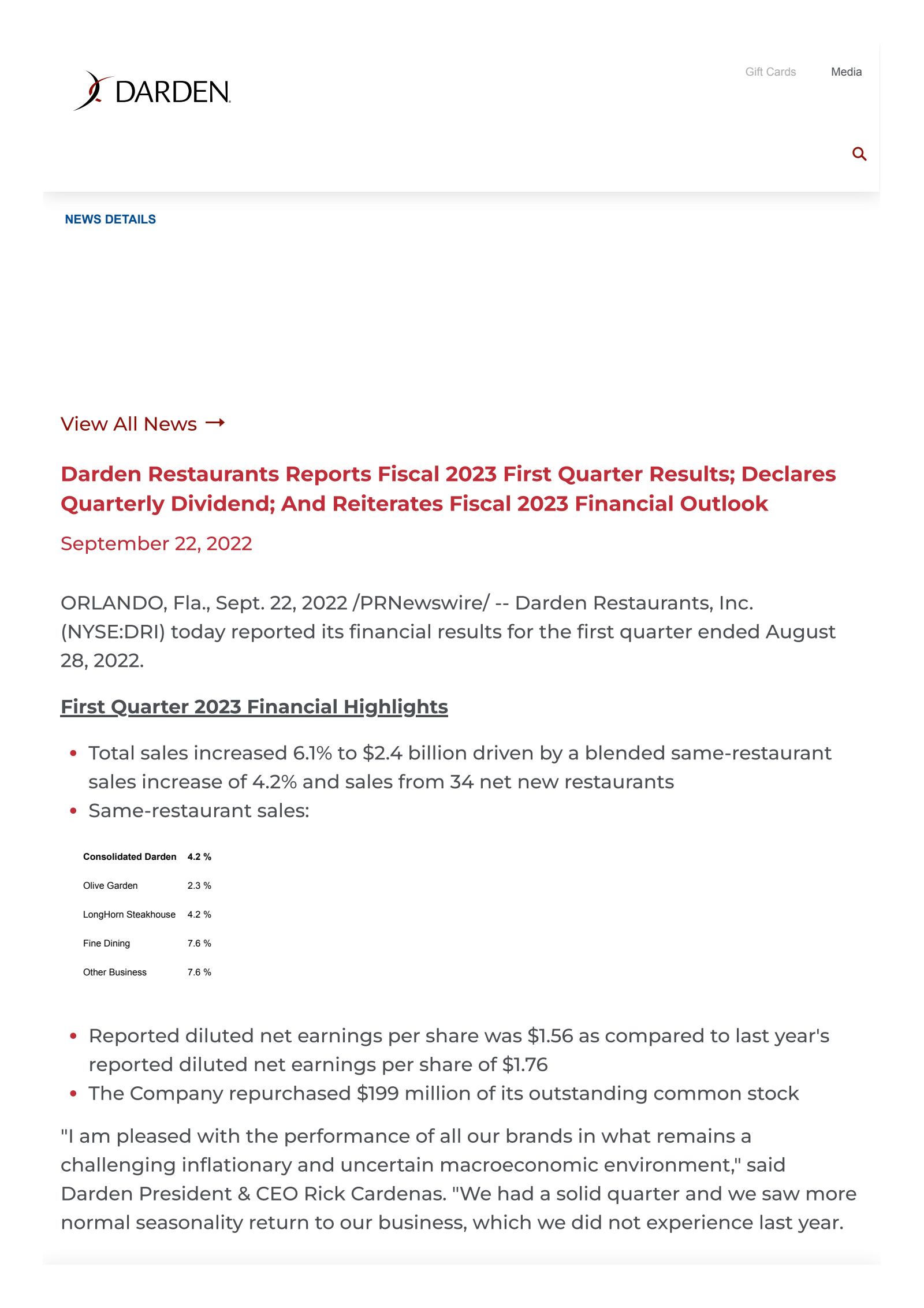 Darden Restaurants' Q1 2023 Earnings Release