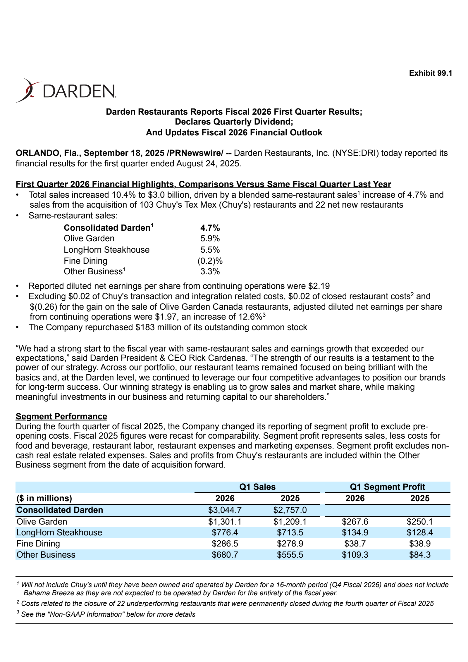 Darden Restaurants' Q1 2026 Earnings Release