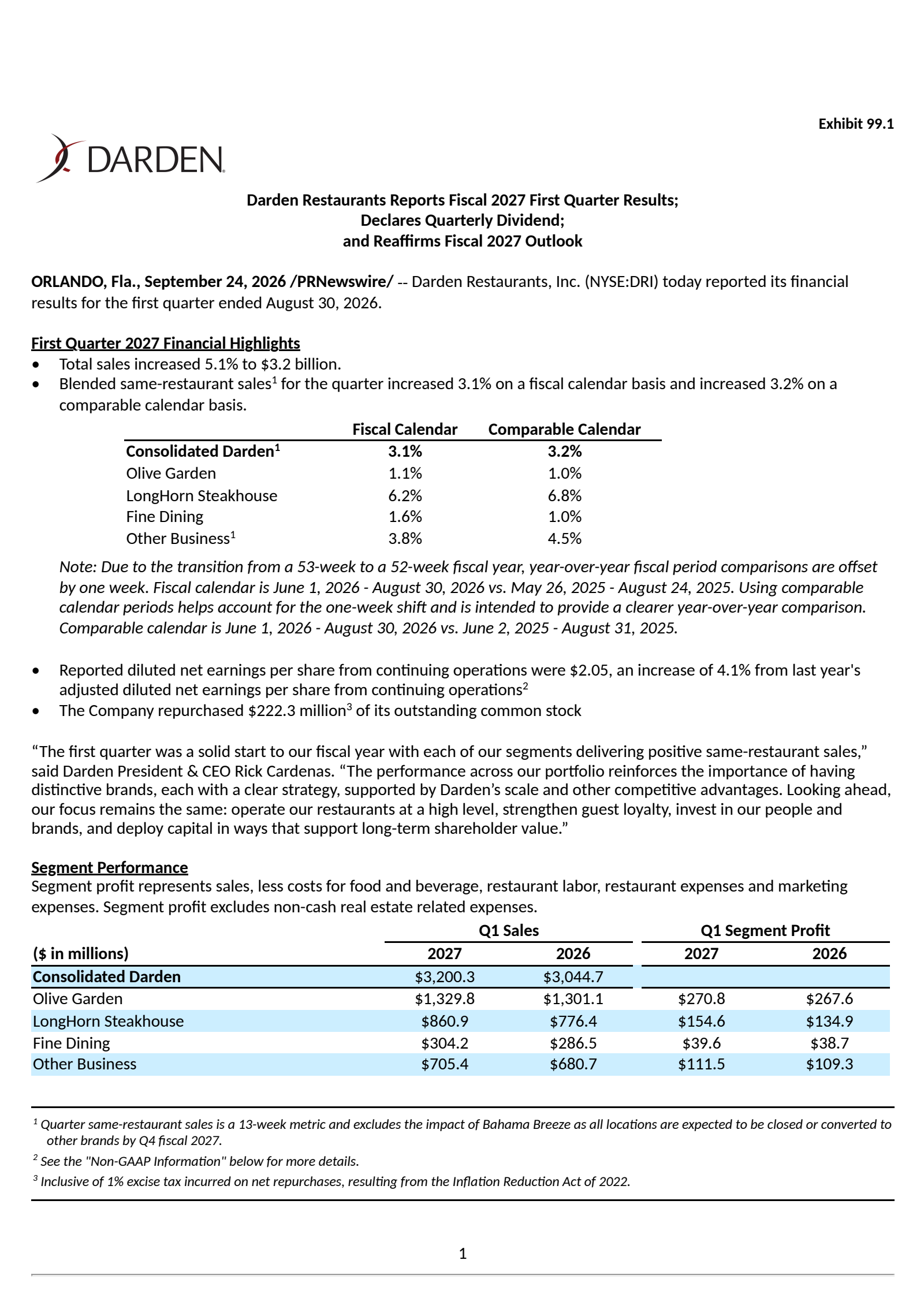 Darden Restaurants' Q1 2027 Press Release