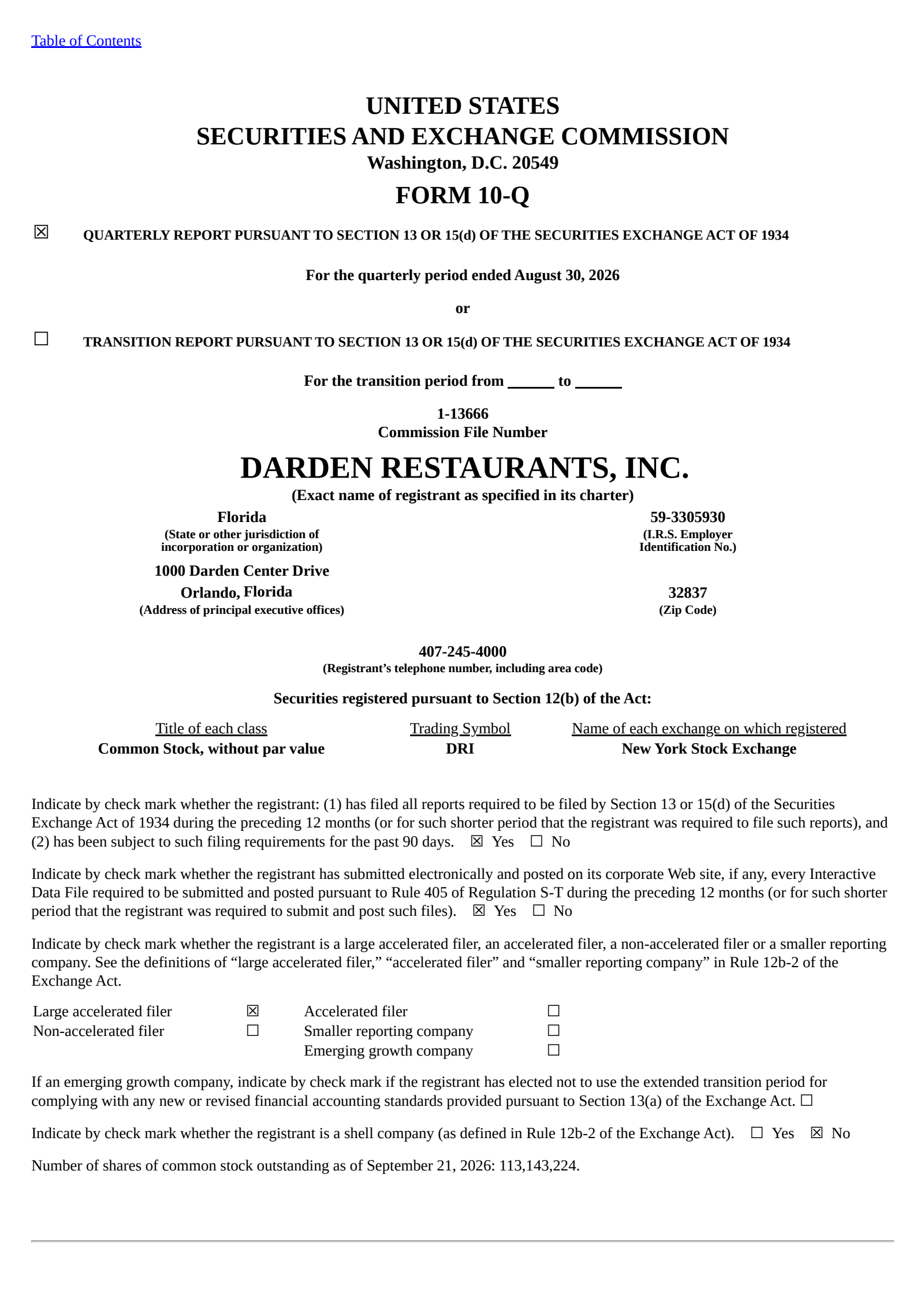 Darden Restaurants' Q1 2027 Quarterly report