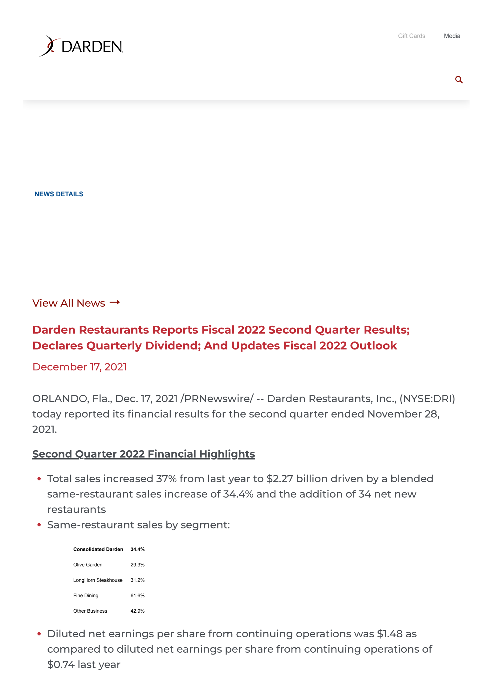 Darden Restaurants' Q2 2022 Earnings Release