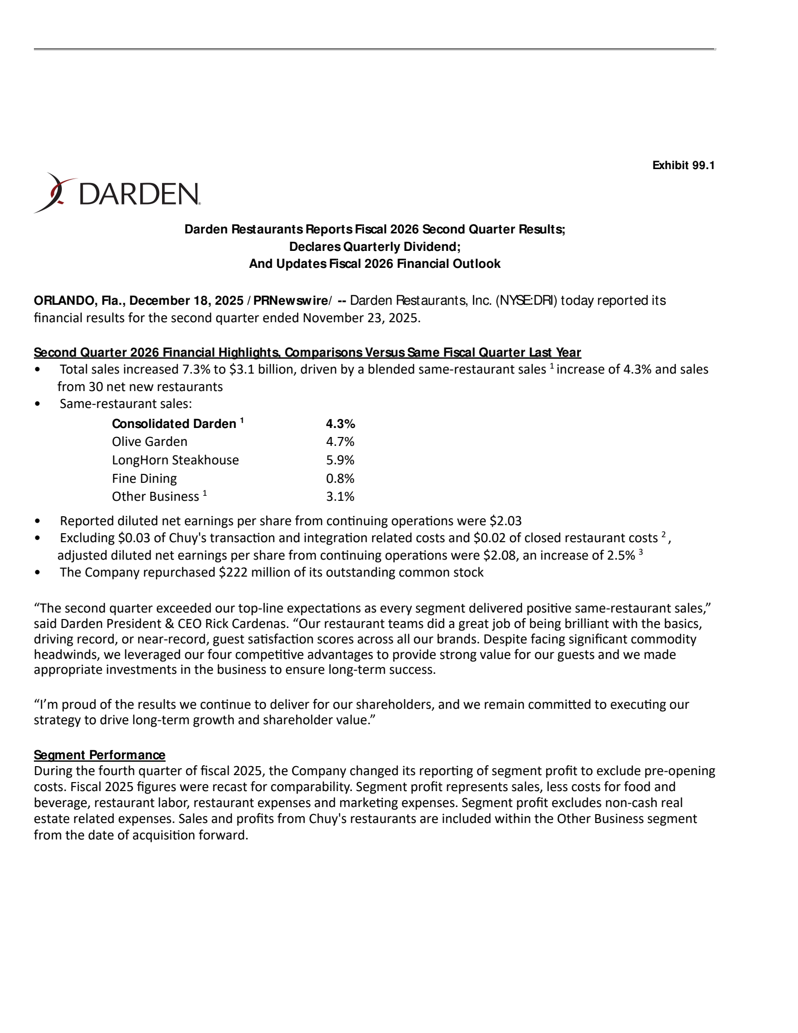 Darden Restaurants' Q2 2026 Earnings Release