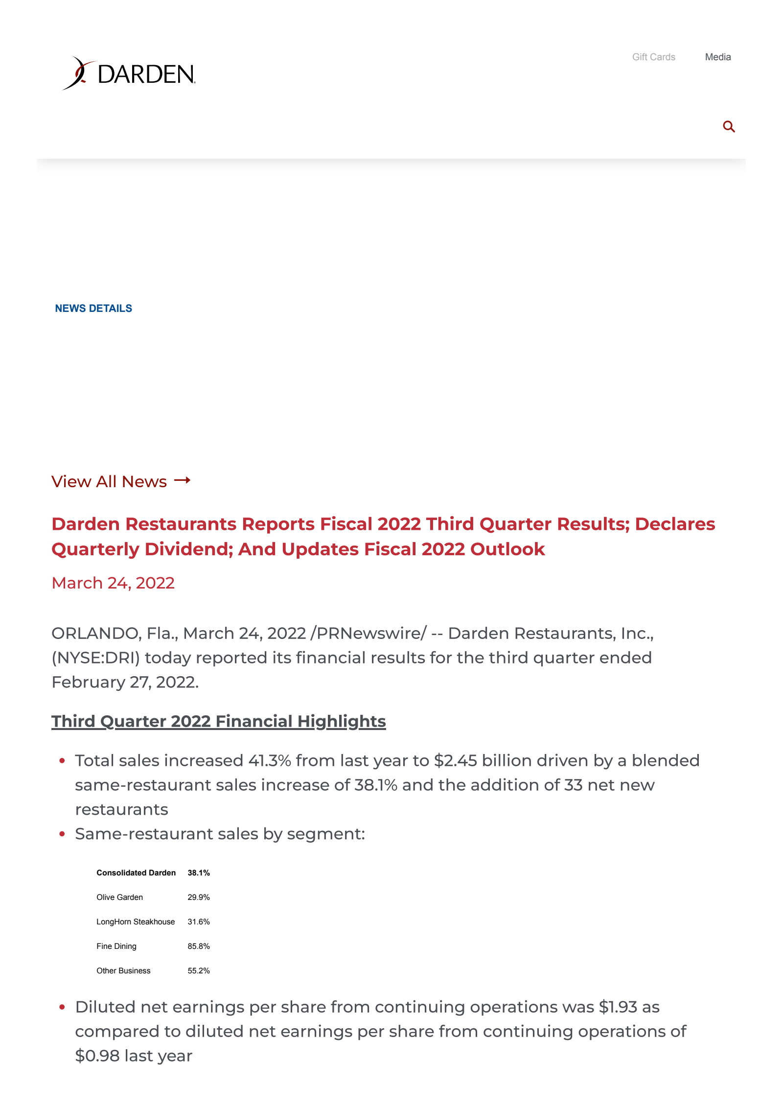 Darden Restaurants' Q3 2022 Earnings Release