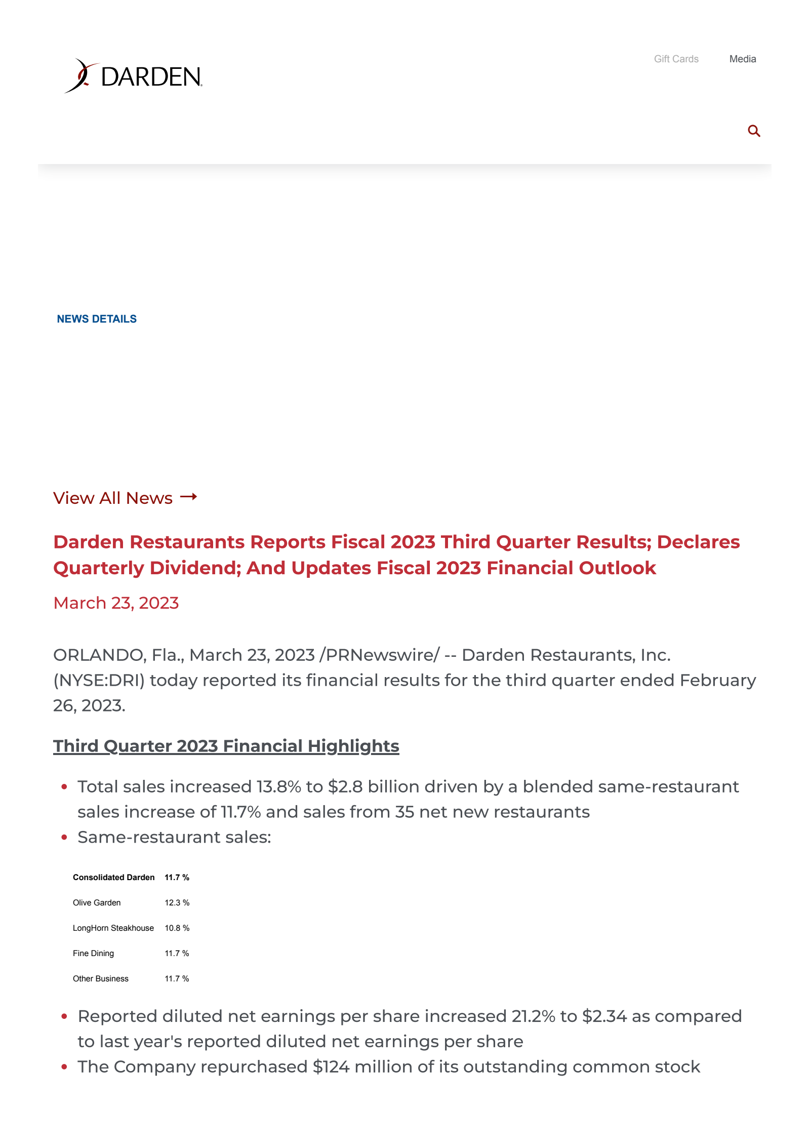 Darden Restaurants' Q3 2023 Earnings Release