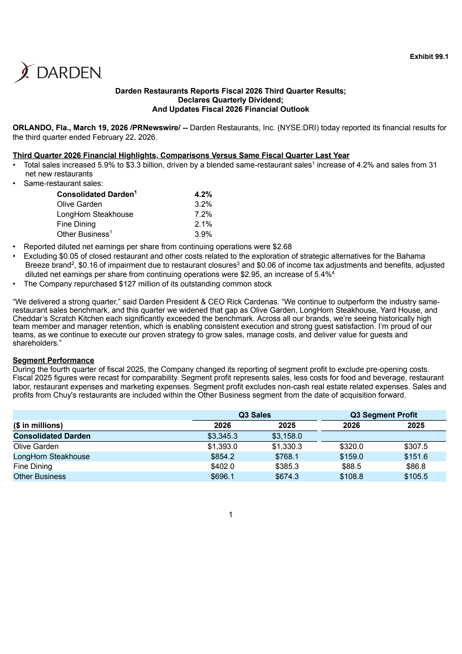 Darden Restaurants' Q3 2026 Press Release