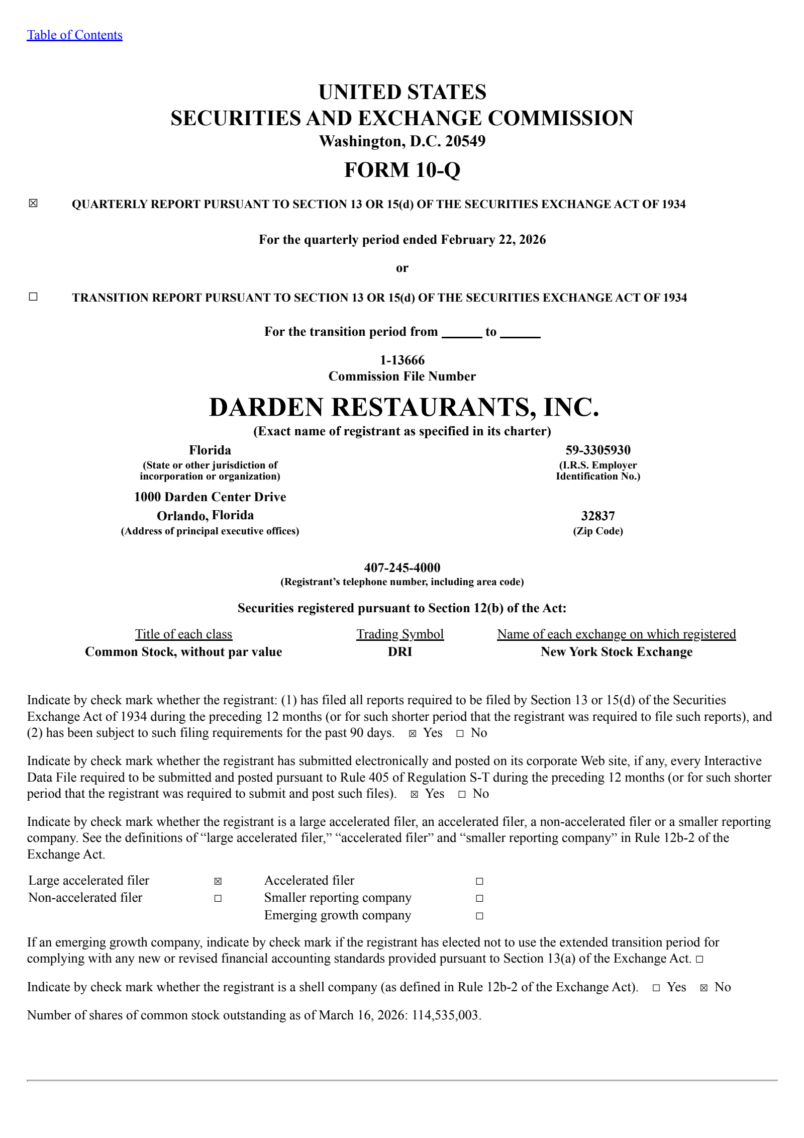 Darden Restaurants' Q3 2026 Quarterly report