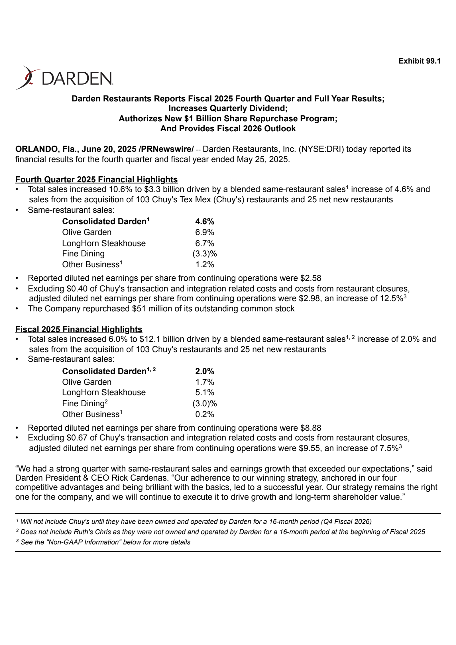 Darden Restaurants' Q4 2025 Press Release