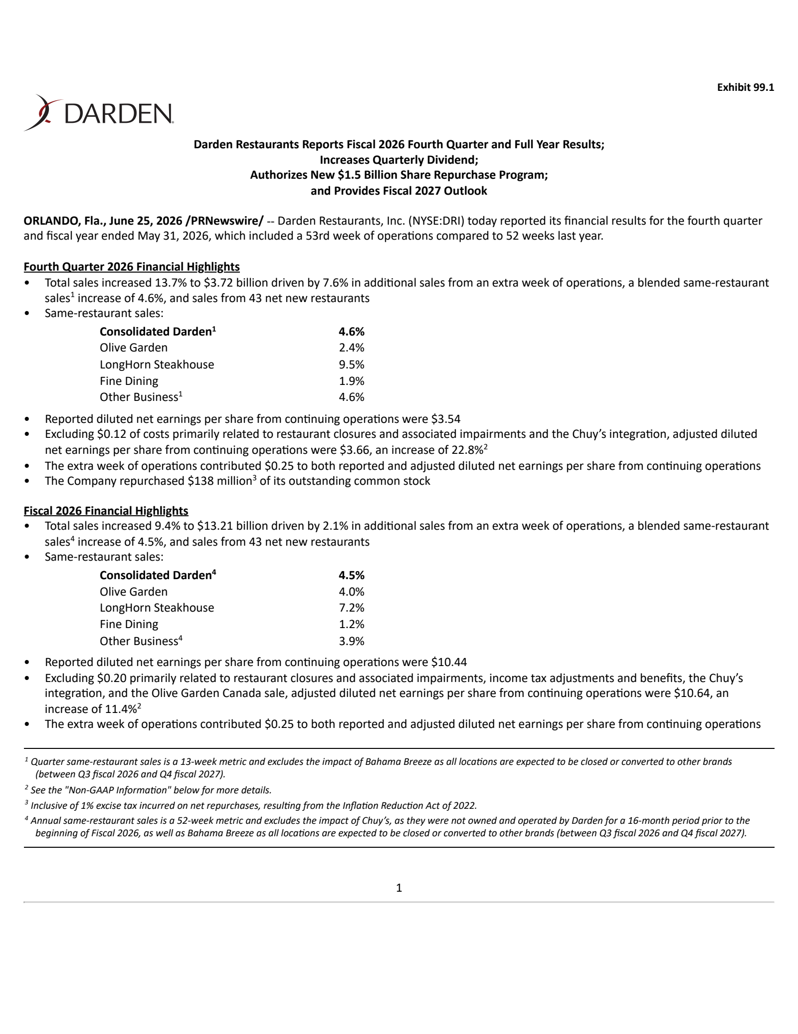 Darden Restaurants' Q4 2026 Press Release