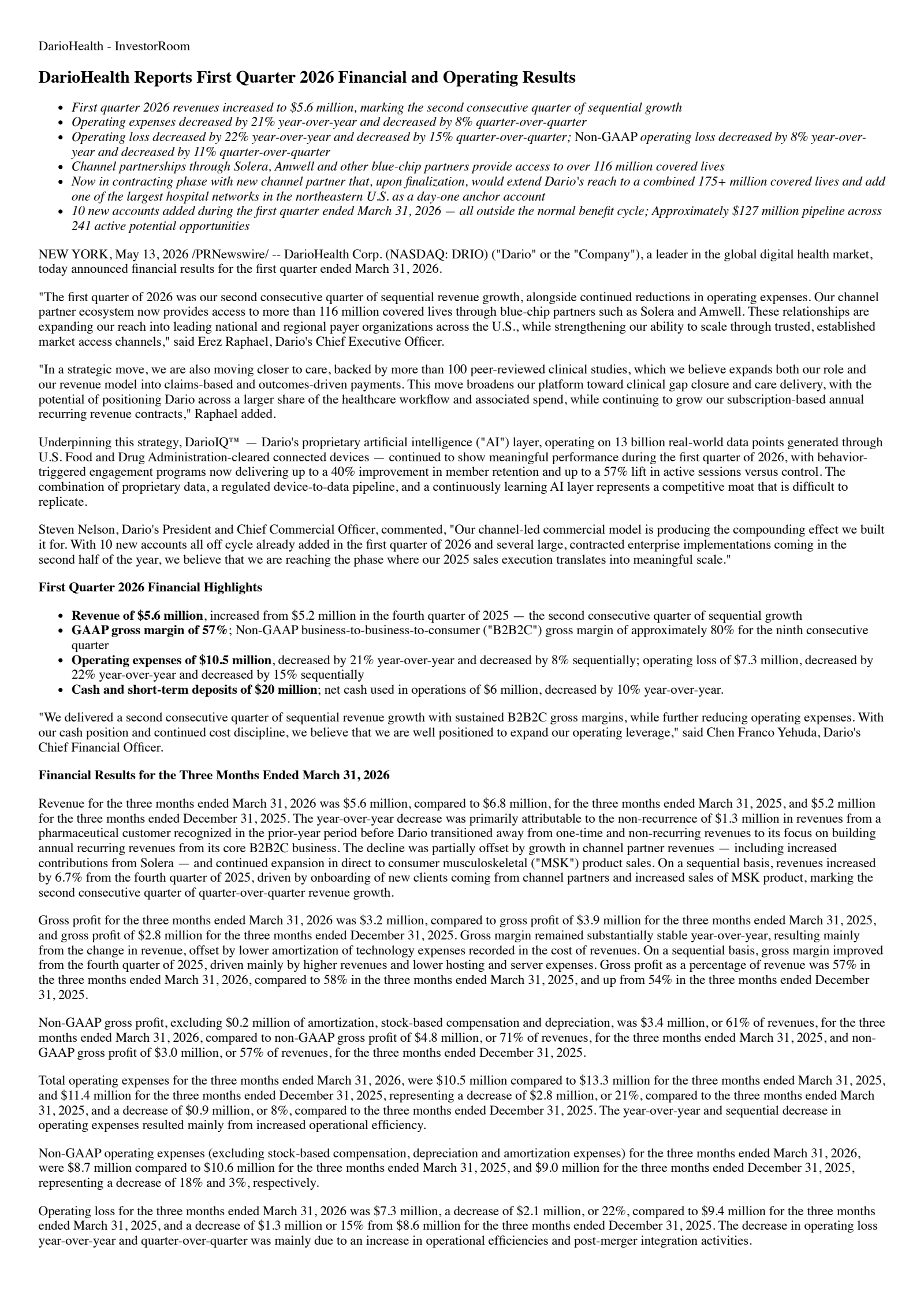 DarioHealth's Q1 2026 Press Release