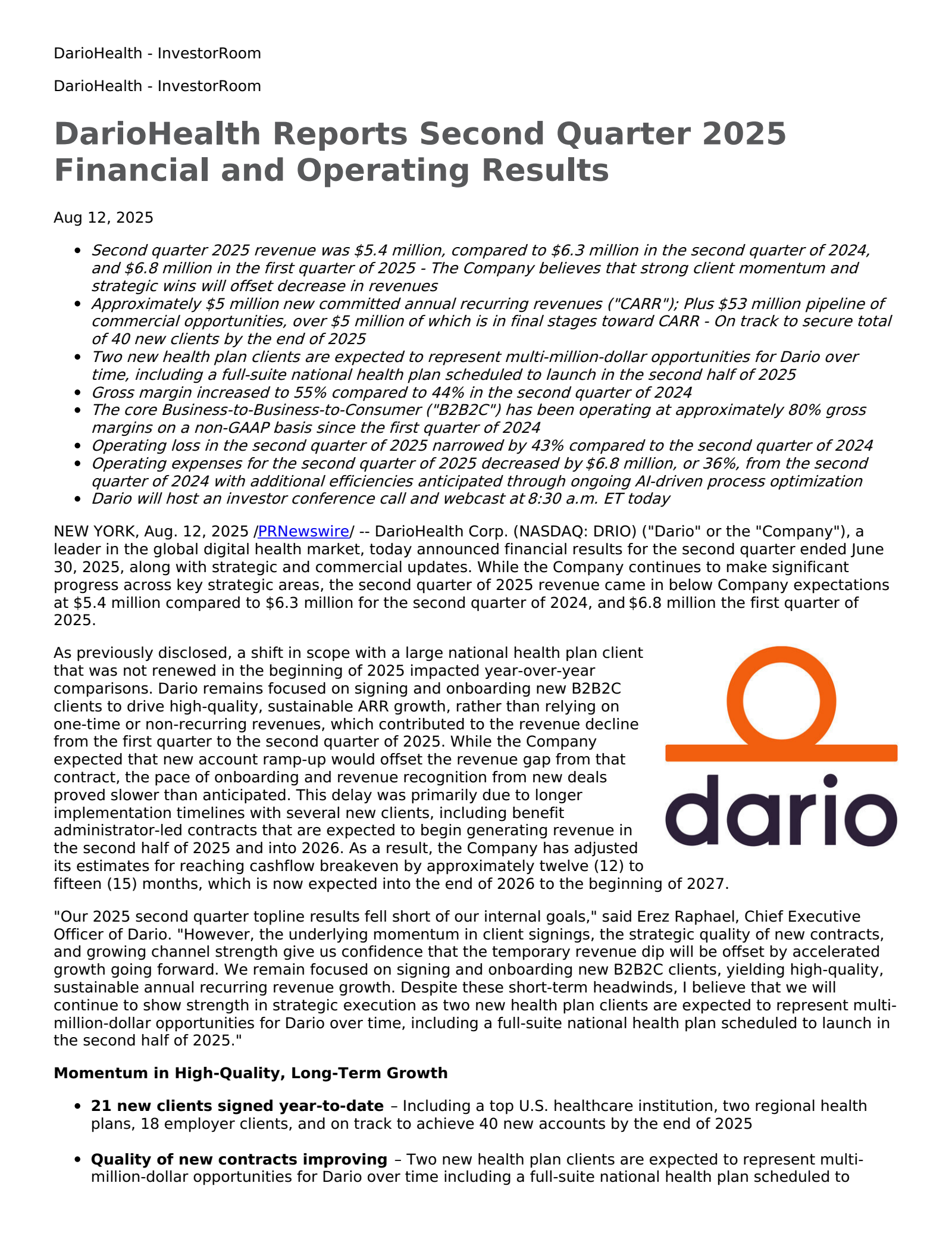 DarioHealth's Q2 2025 Press Release