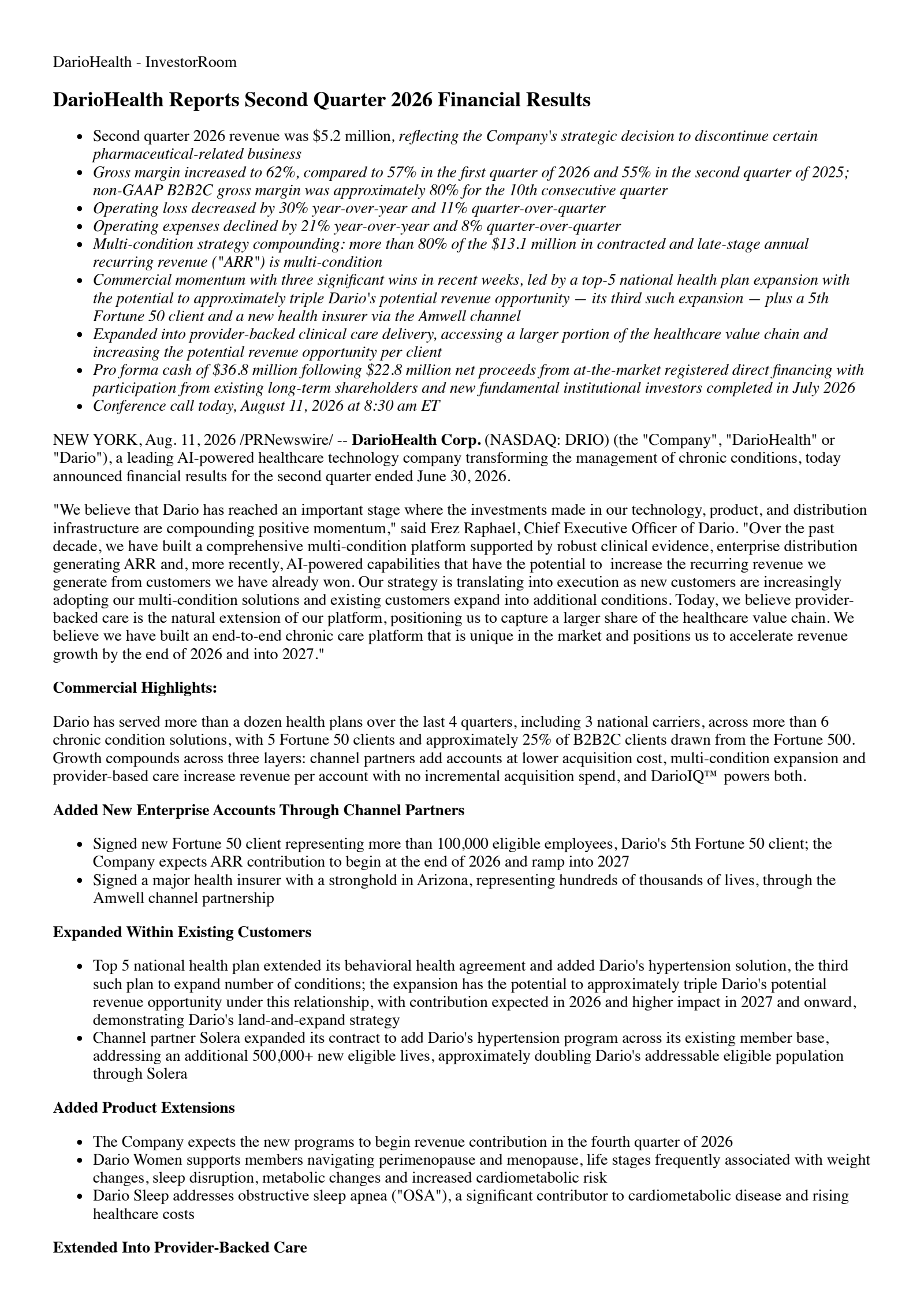 DarioHealth's Q2 2026 Press Release
