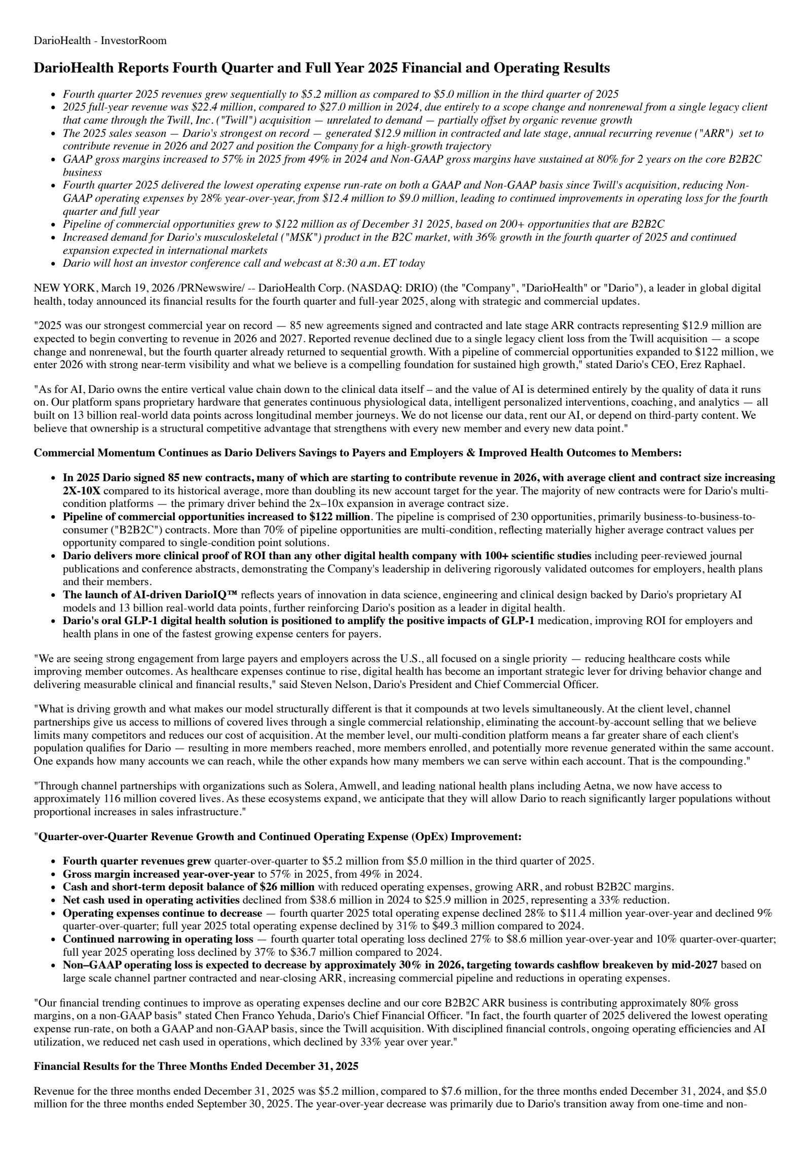 DarioHealth's Q4 2025 Press Release