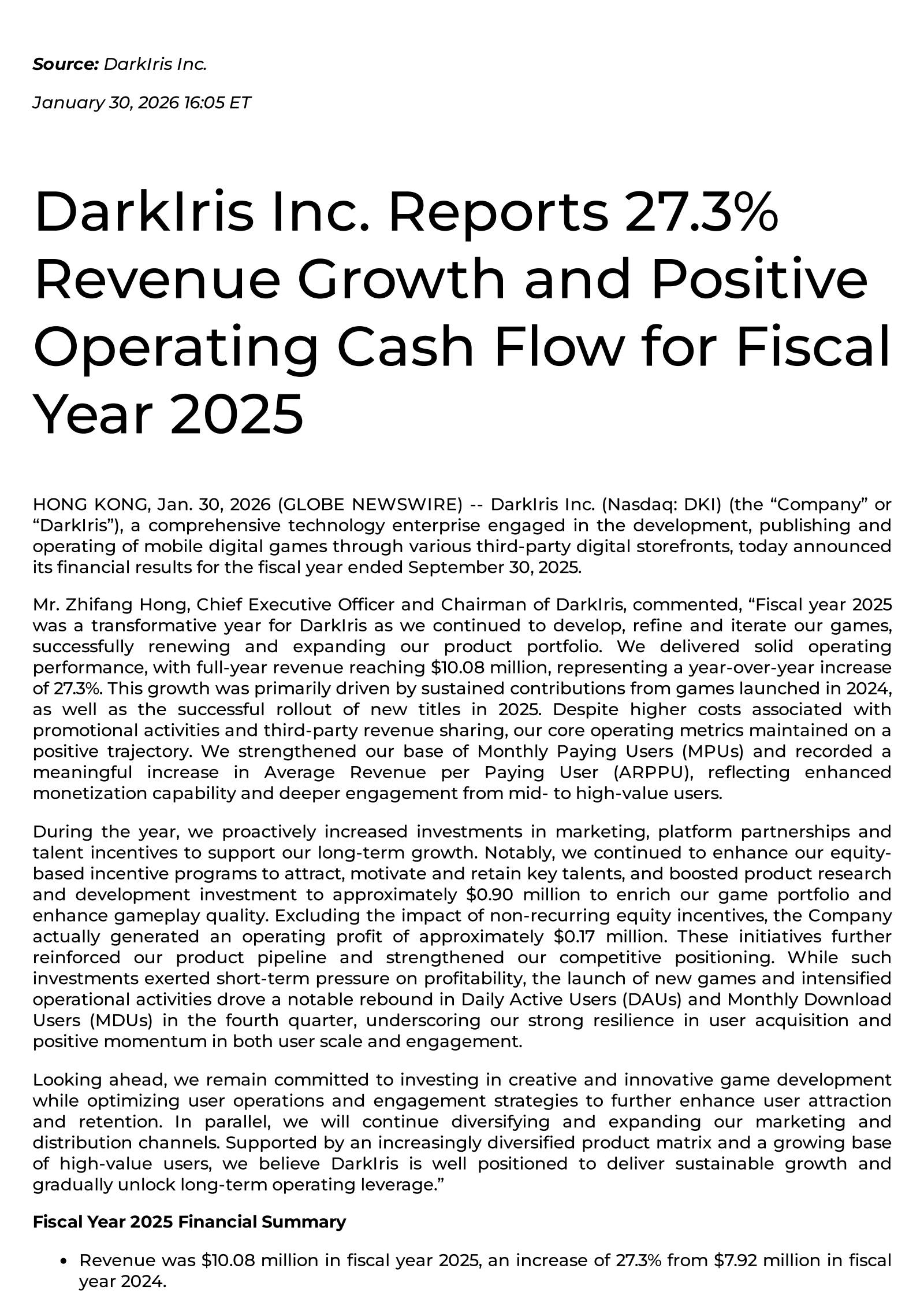 DarkIris' Q4 2025 Press Release