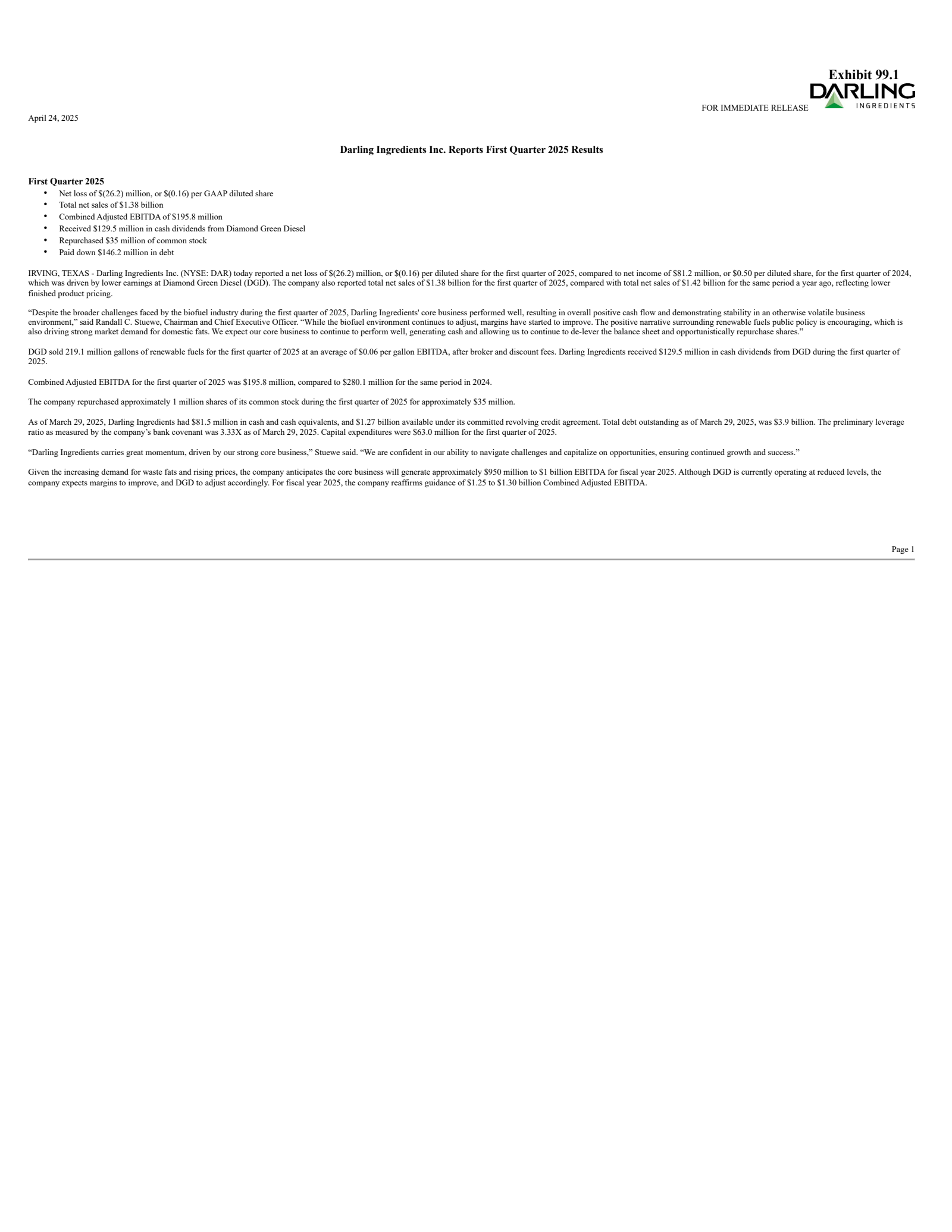 Darling Ingredients' Q1 2025 Press Release