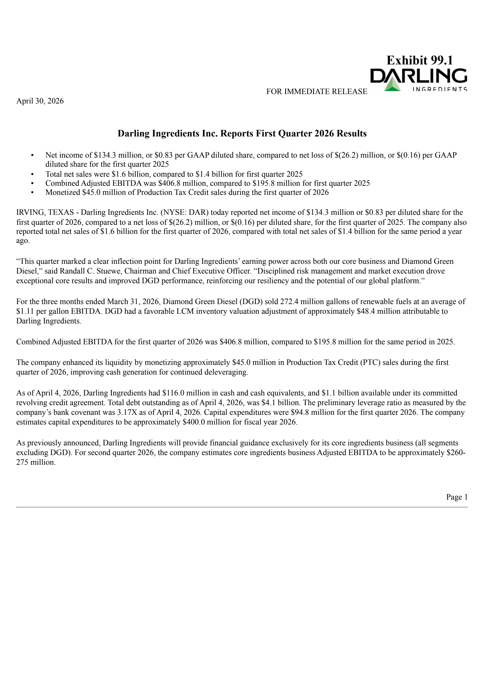 Darling Ingredients' Q1 2026 Press Release