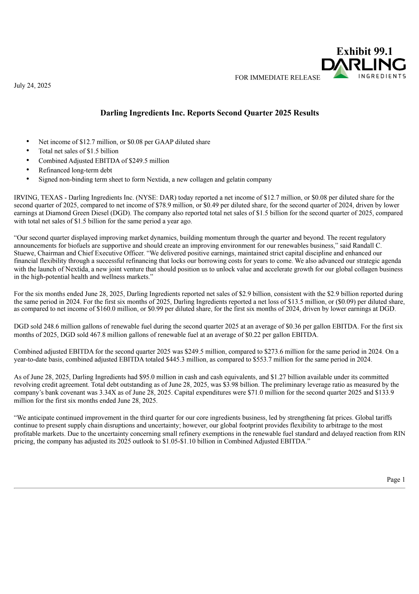 Darling Ingredients' Q2 2025 Press Release