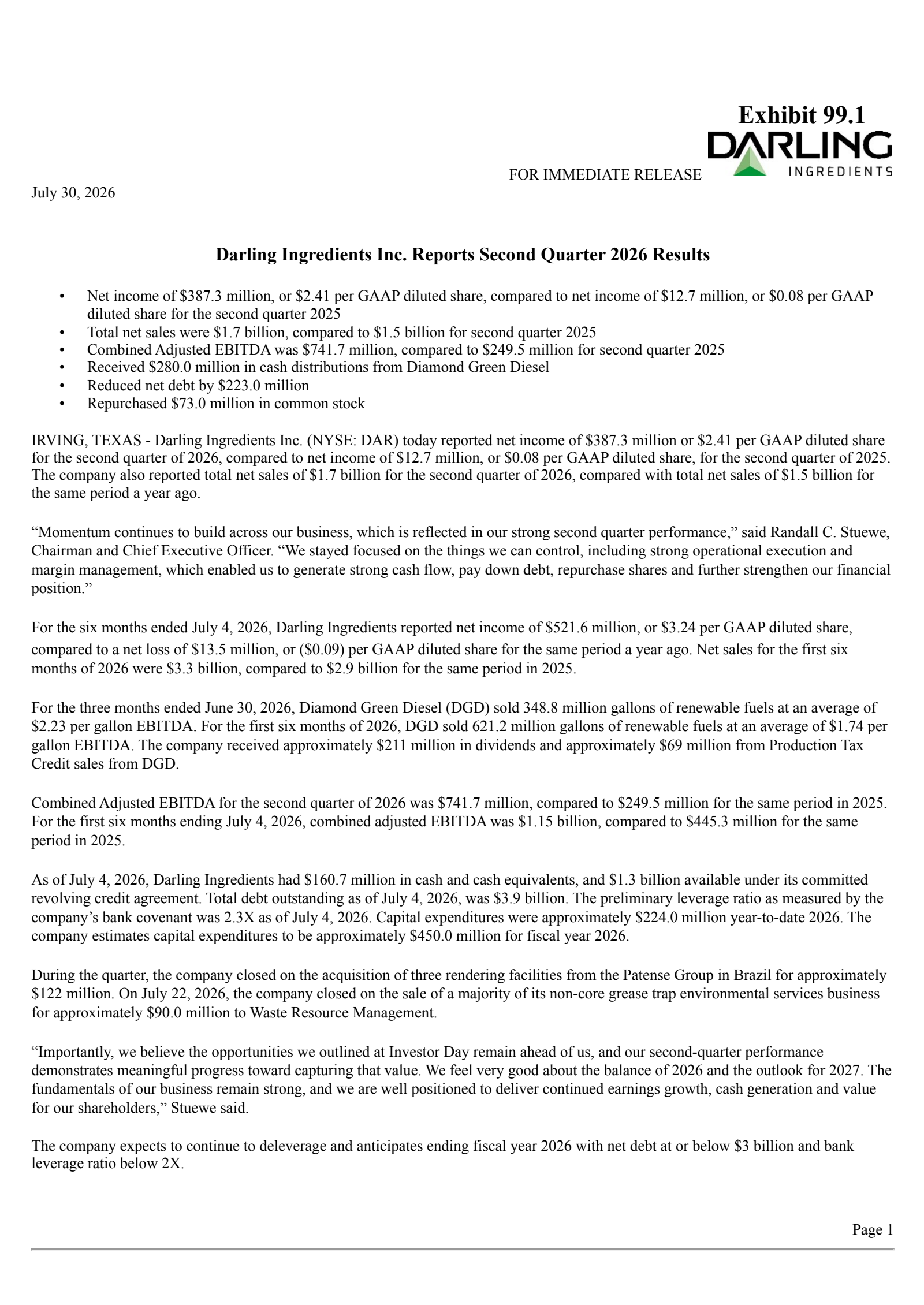 Darling Ingredients' Q2 2026 Press Release