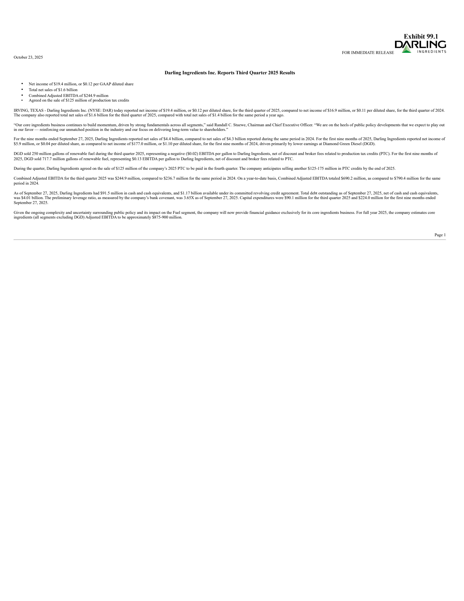Darling Ingredients' Q3 2025 Earnings Release