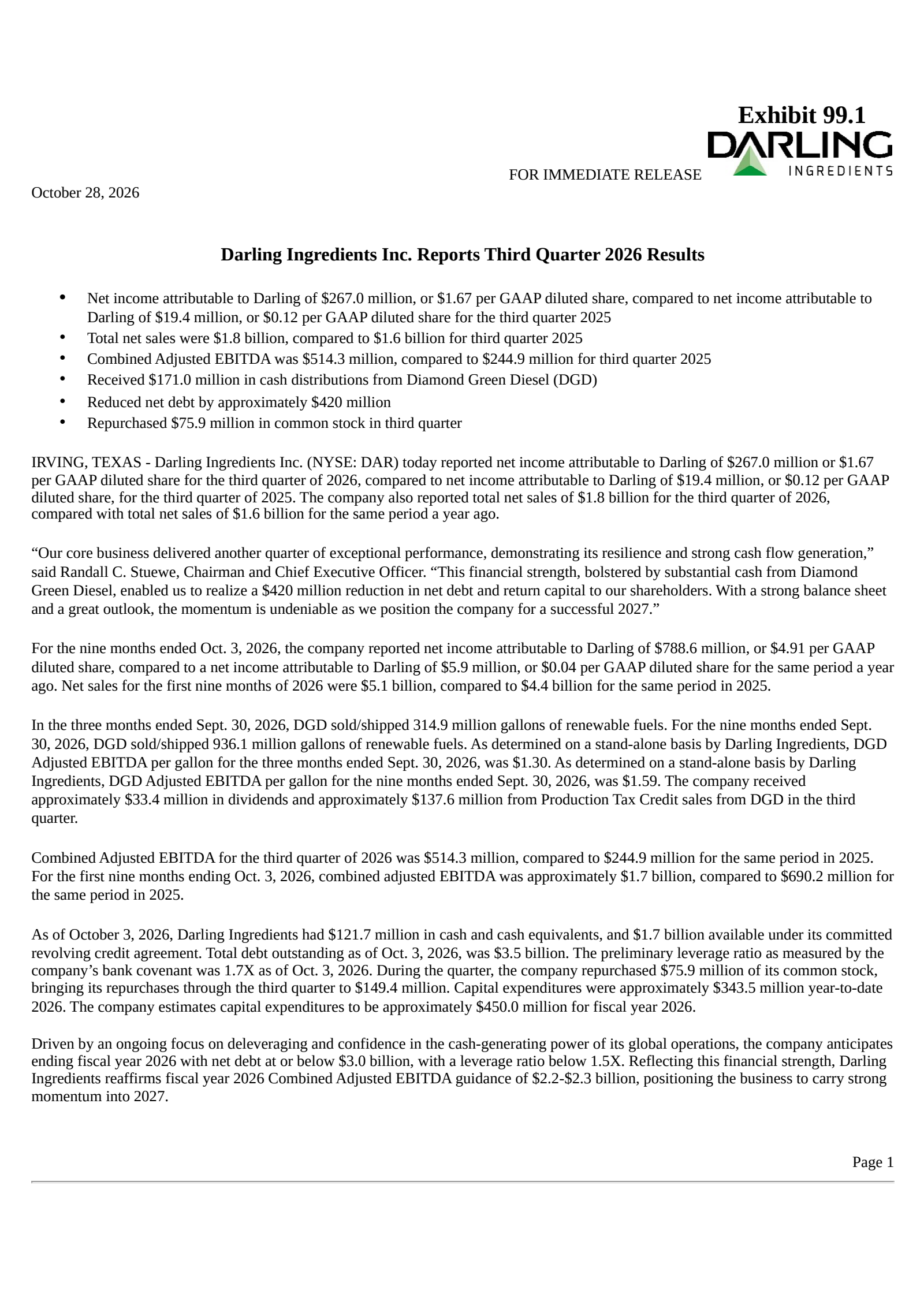Darling Ingredients' Q3 2026 Press Release