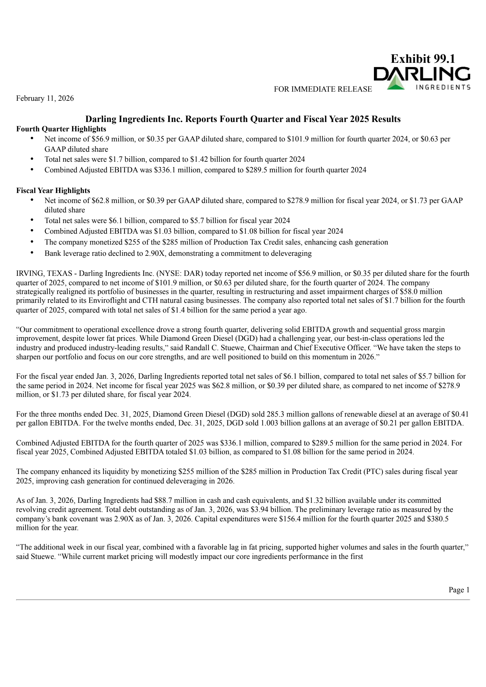 Darling Ingredients' Q4 2025 Press Release