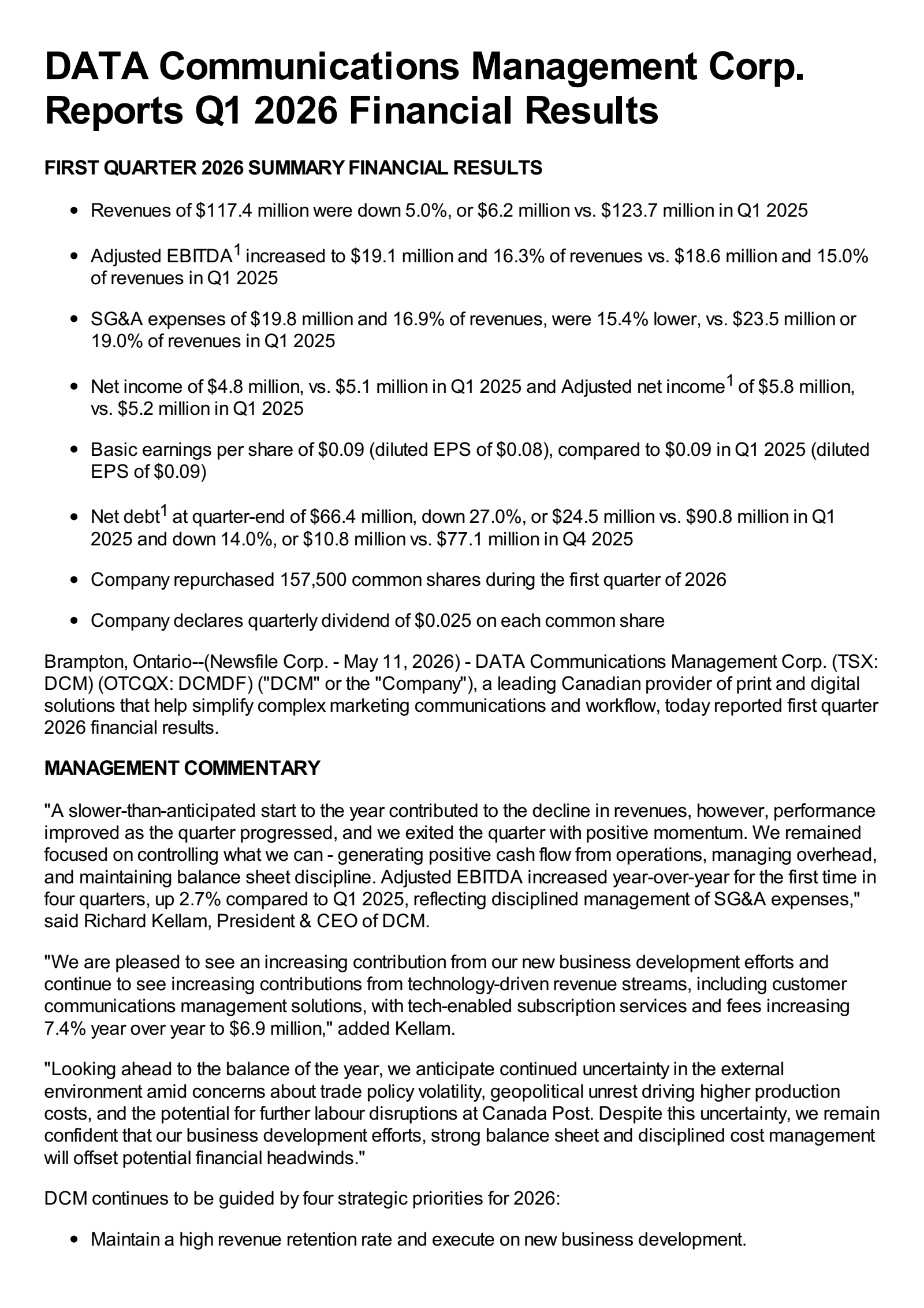 DATA Communications Management's Q1 2026 Press Release
