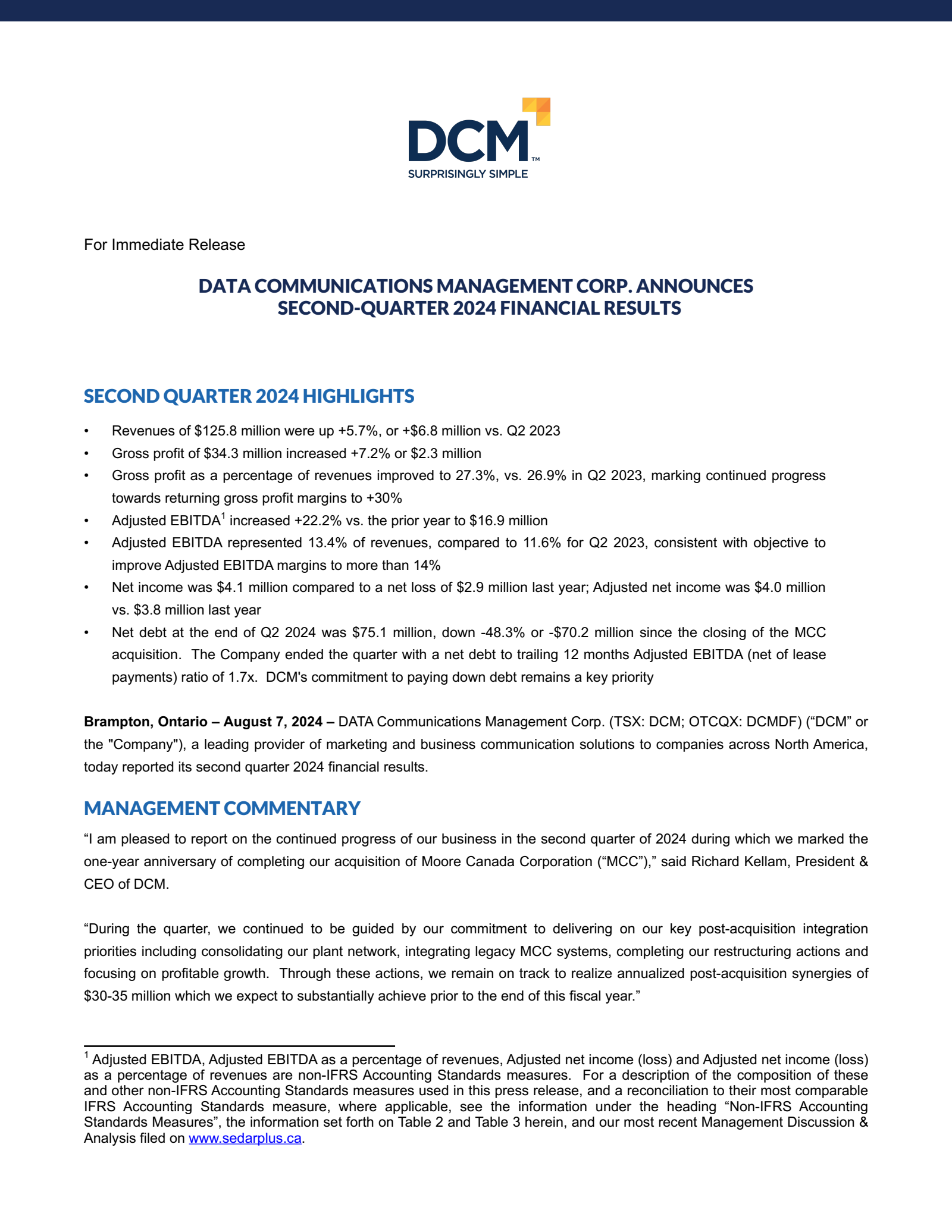 DATA Communications Management's Q2 2024 Press Release
